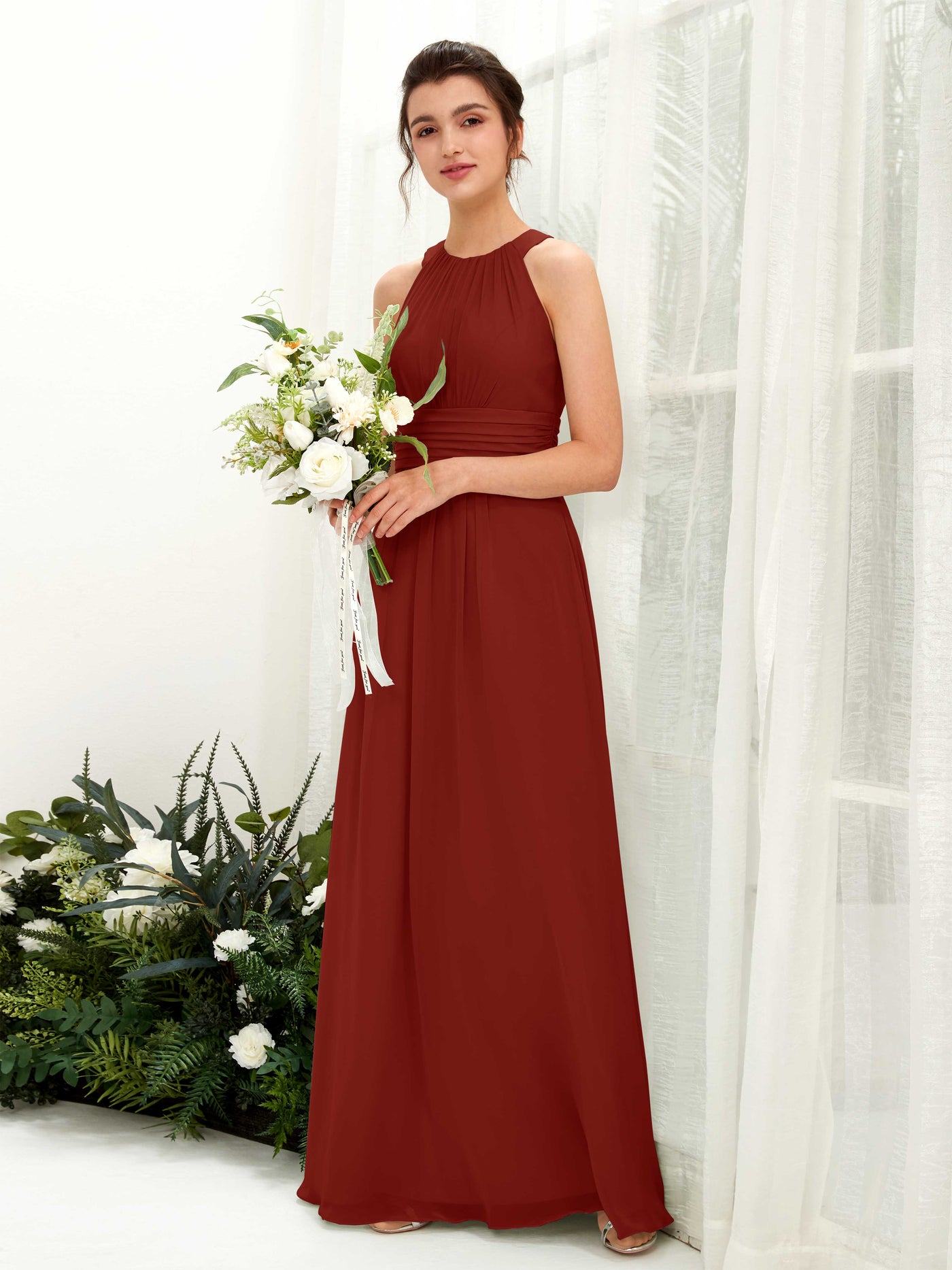 Carlyna A-Linien-Kleid Rundhals Bodenlang gerafft Brautjungfernkleider Rostrot #farbe_rostrot