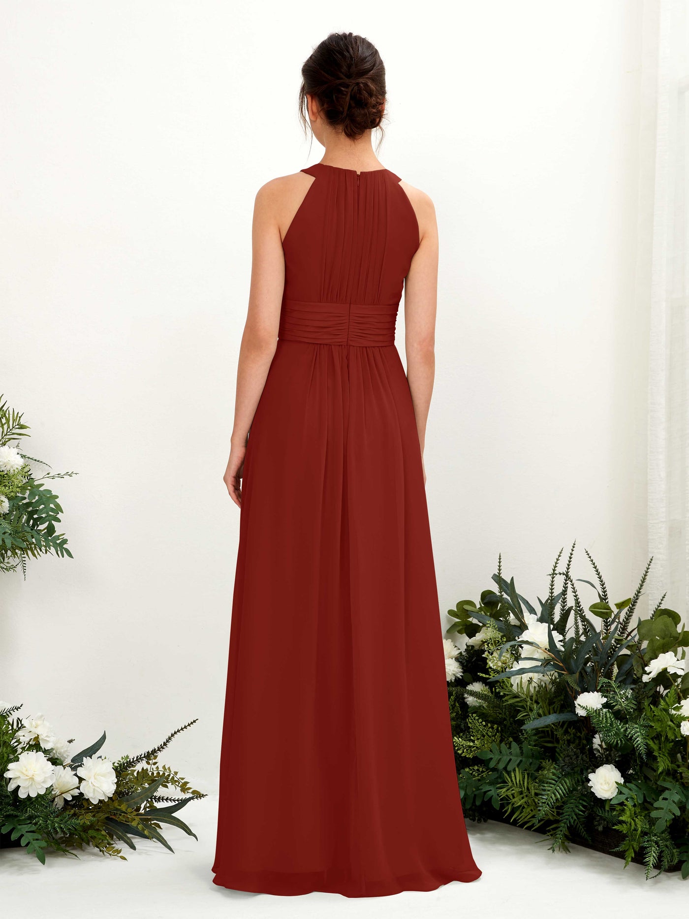 Carlyna A-Linien-Kleid Rundhals Bodenlang gerafft Brautjungfernkleider Rostrot #farbe_rostrot