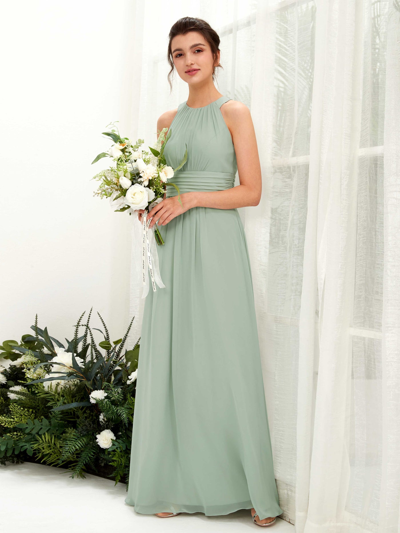 Carlyna A-Linien-Kleid Rundhals Bodenlang gerafft Brautjungfernkleider Salbeigrün #farbe_salbeigr-n