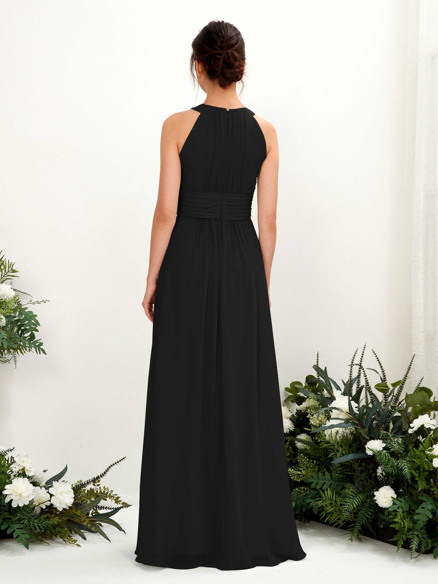Carlyna A-Linien-Kleid Rundhals Bodenlang gerafft Brautjungfernkleider Schwarz #farbe_schwarz
