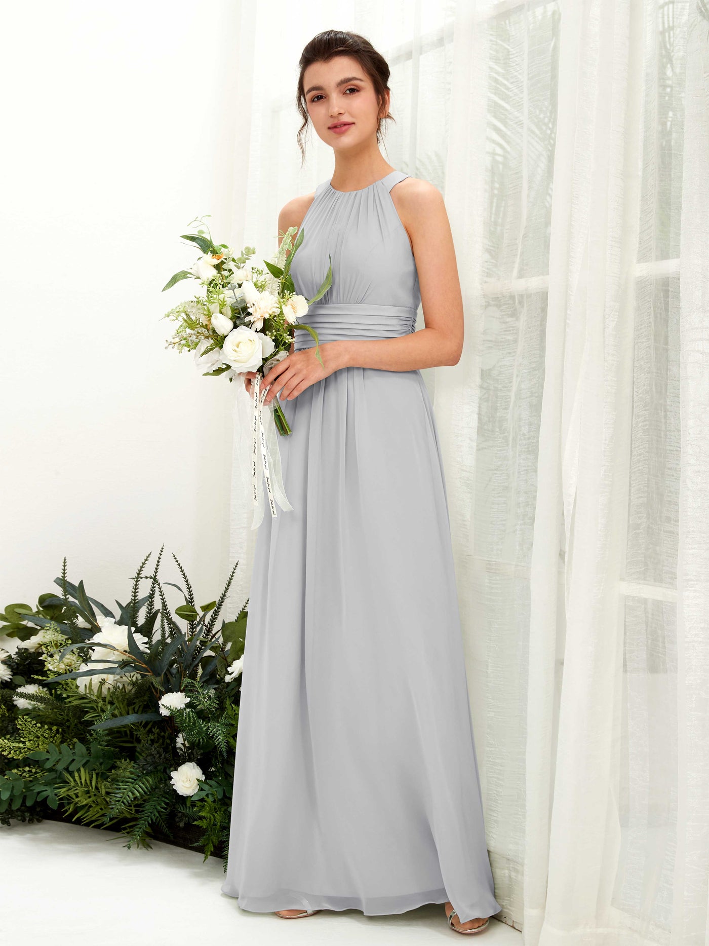 Carlyna A-Linien-Kleid Rundhals Bodenlang gerafft Brautjungfernkleider Silber #farbe_silber