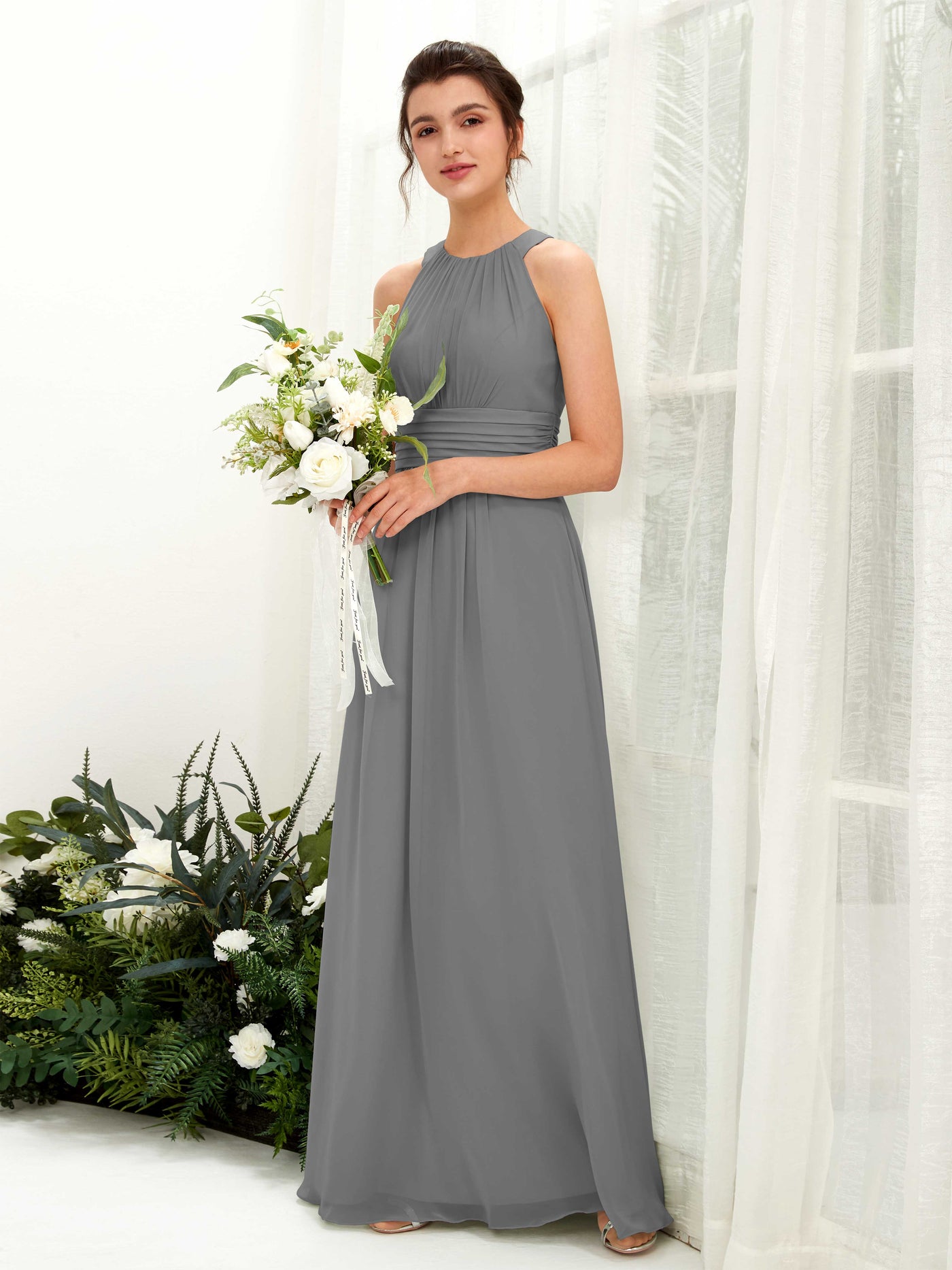Carlyna A-Linien-Kleid Rundhals Bodenlang gerafft Brautjungfernkleider Stahlgrau #farbe_stahlgrau