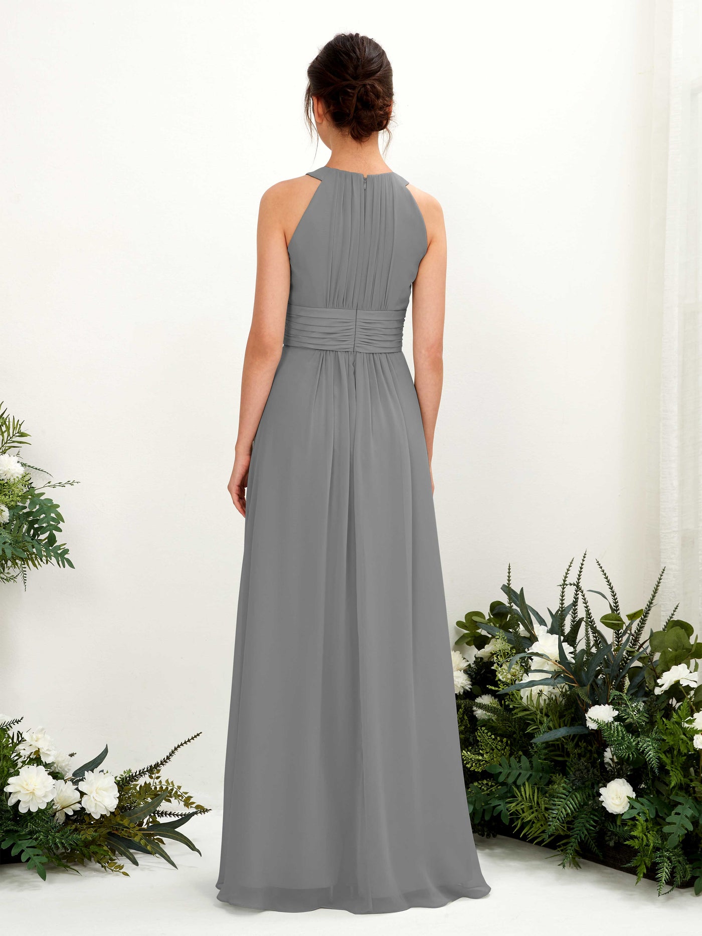 Carlyna A-Linien-Kleid Rundhals Bodenlang gerafft Brautjungfernkleider Stahlgrau #farbe_stahlgrau