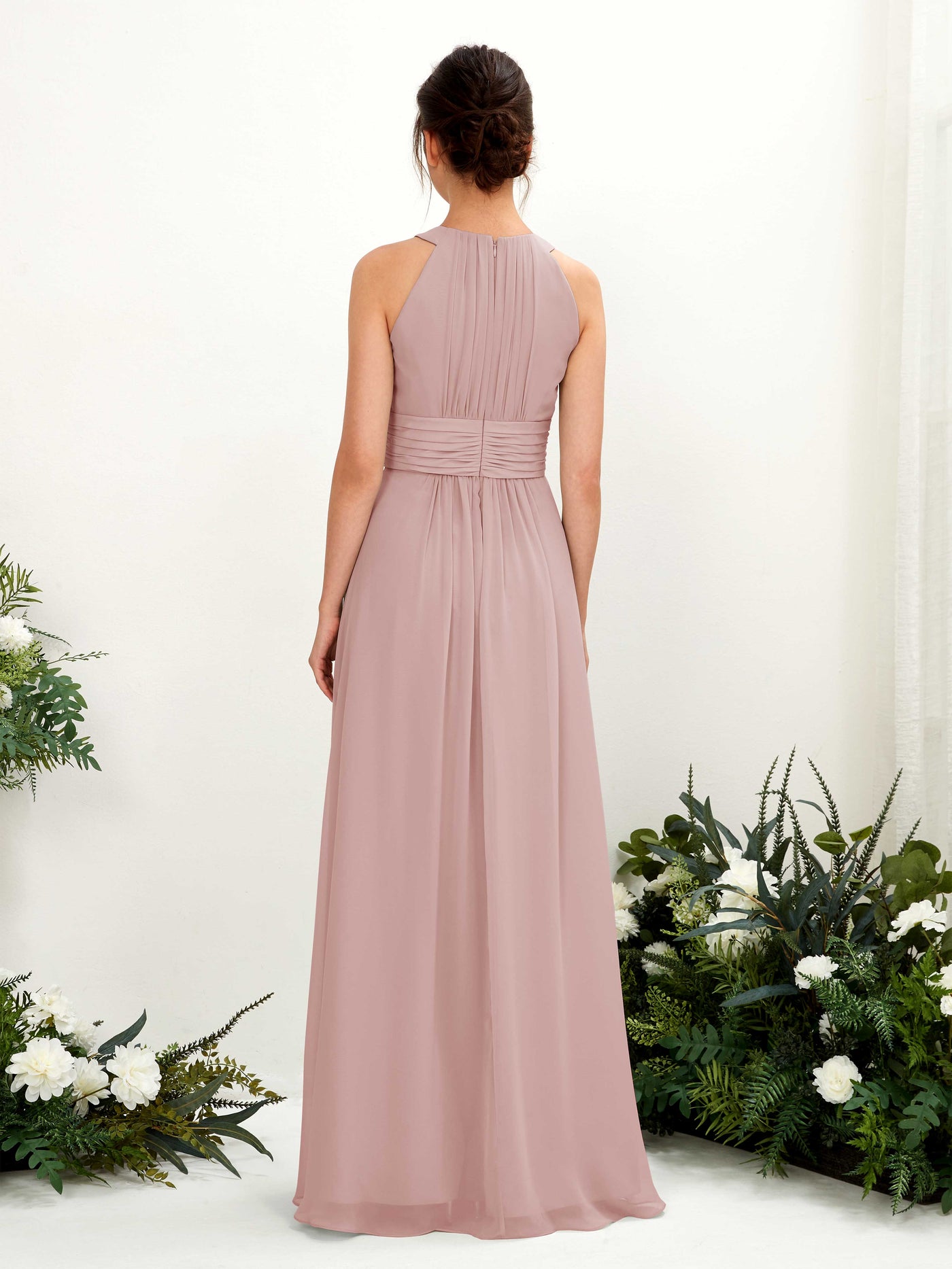 Carlyna A-Linien-Kleid Rundhals Bodenlang gerafft Brautjungfernkleider Staubige Rose #farbe_staubige-rose