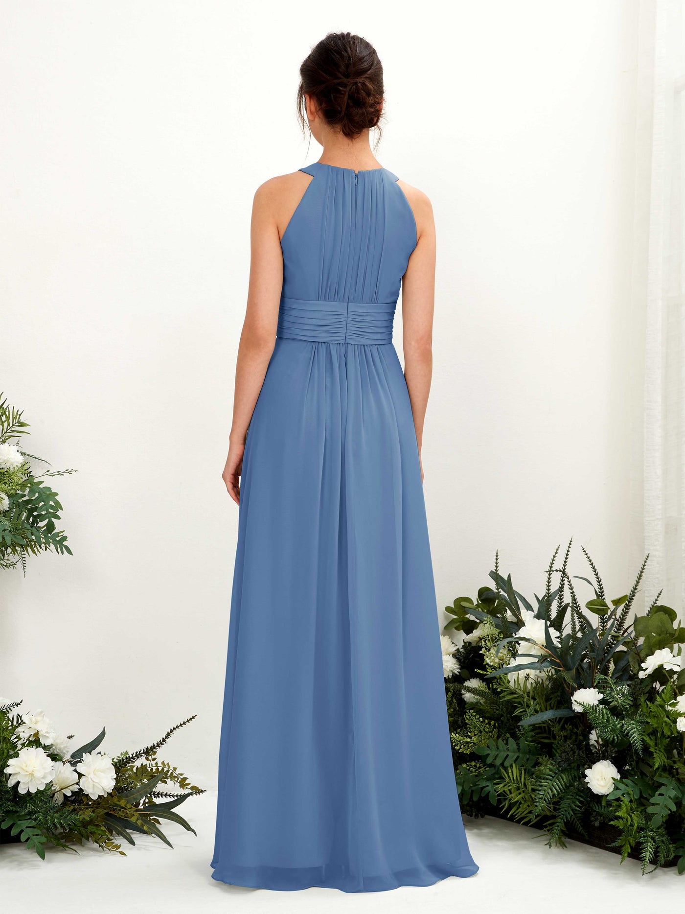 Carlyna A-Linien-Kleid Rundhals Bodenlang gerafft Brautjungfernkleider Staubiges Blau #farbe_staubiges-blau
