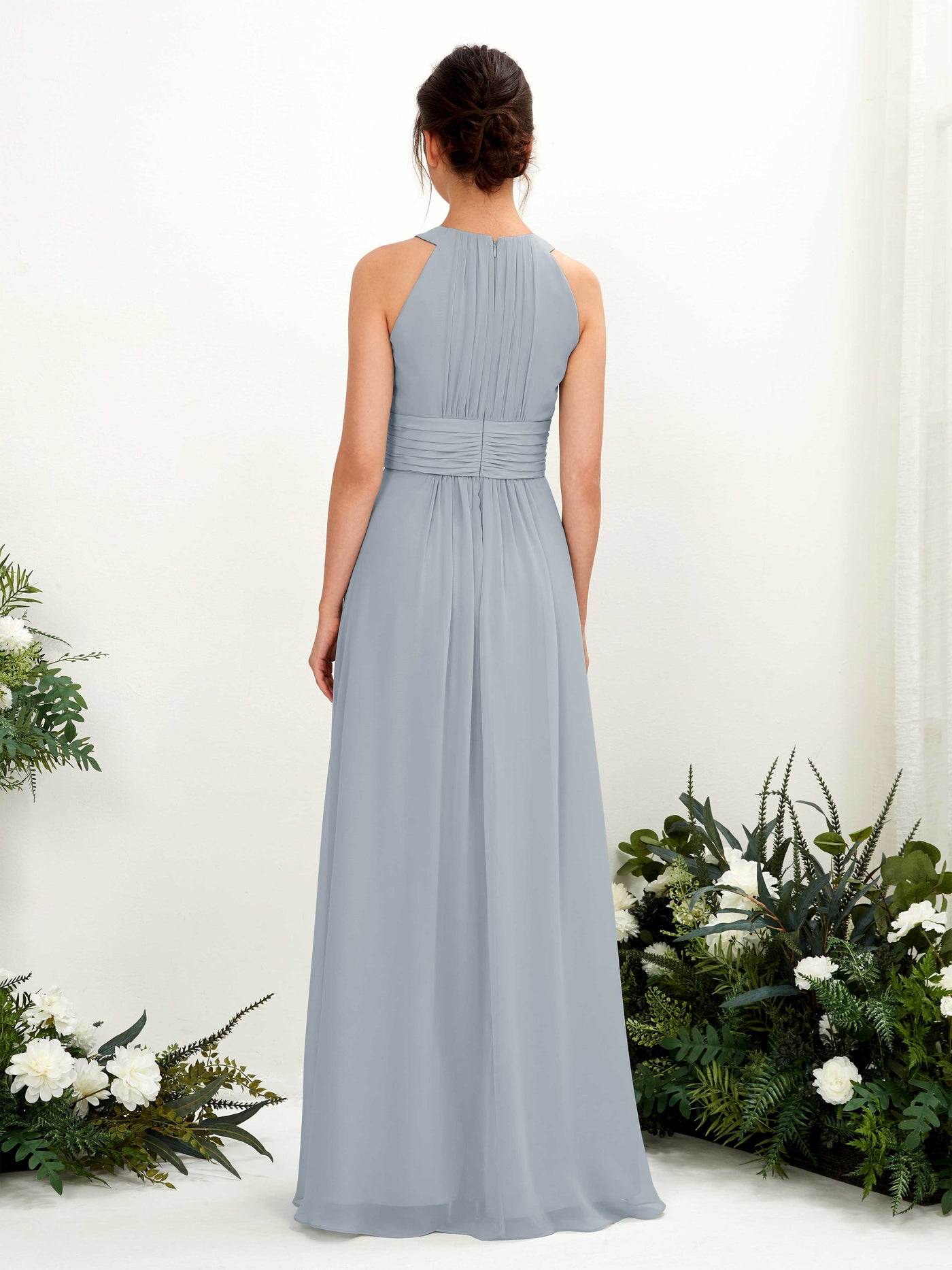 Carlyna A-Linien-Kleid Rundhals Bodenlang gerafft Brautjungfernkleider Staubiges Blau-Upgrade #farbe_staubiges-blau-upgrade
