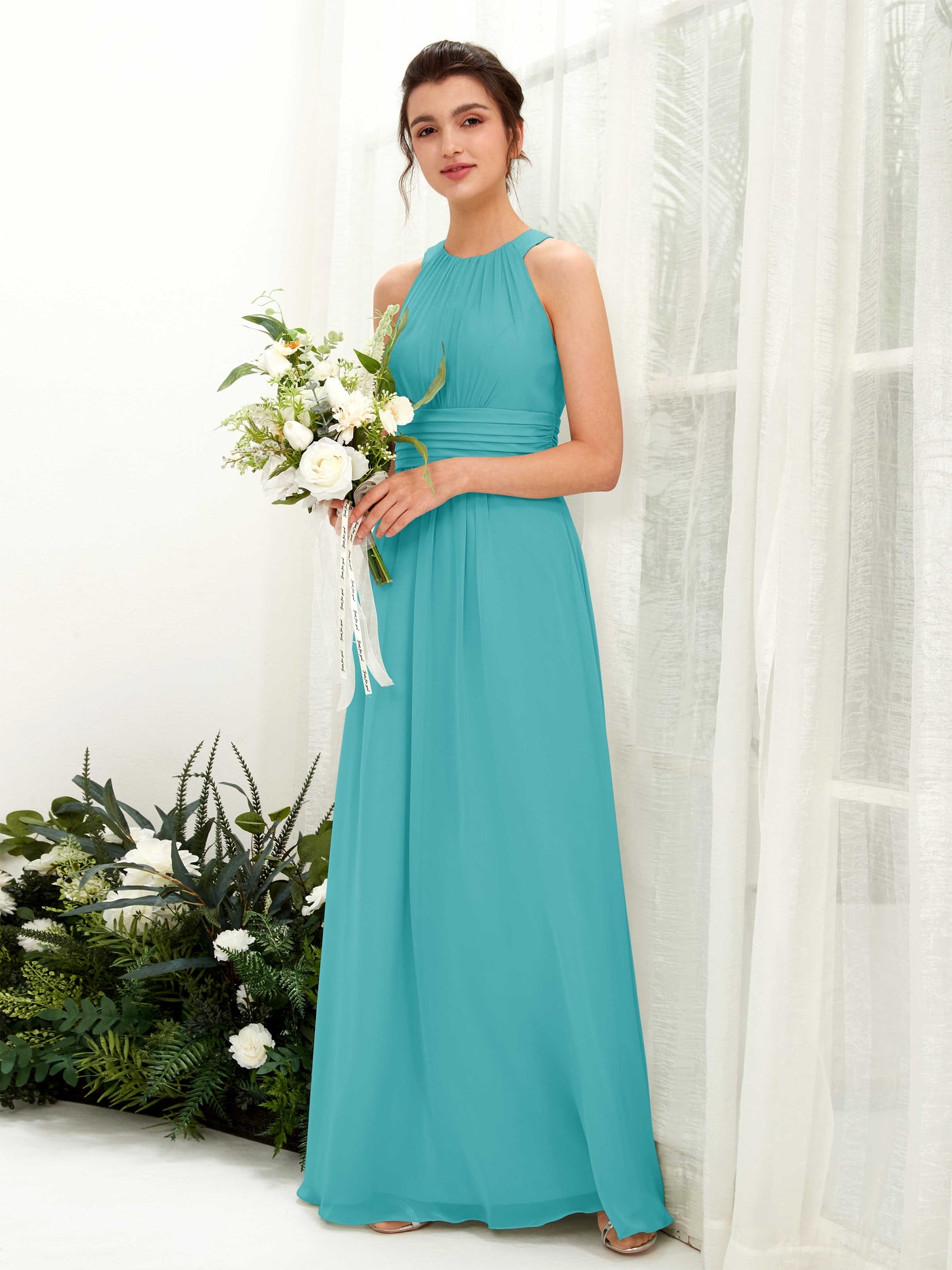Carlyna A-Linien-Kleid Rundhals Bodenlang gerafft Brautjungfernkleider Türkis #farbe_t-rkis