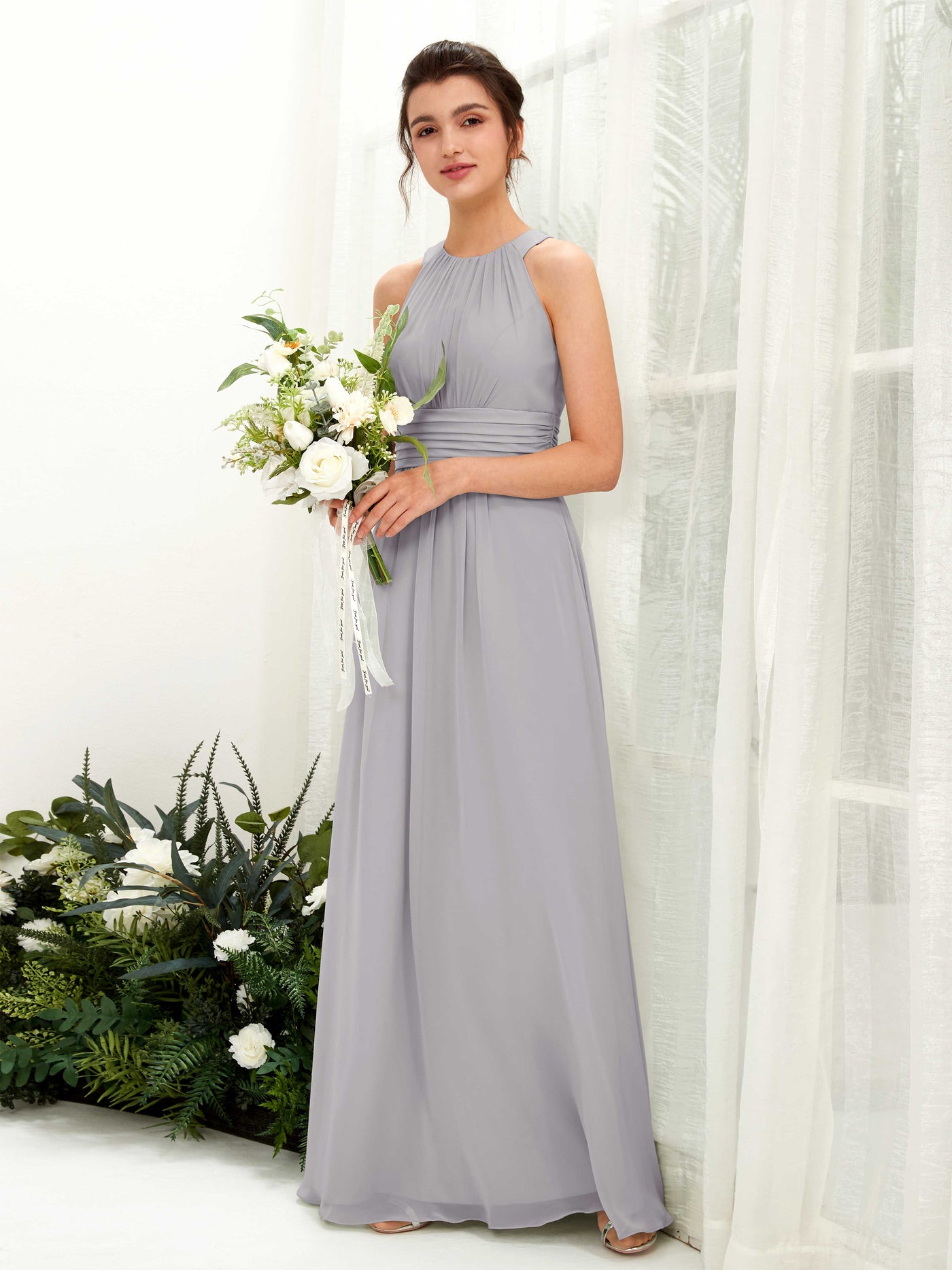 Carlyna A-Linien-Kleid Rundhals Bodenlang gerafft Brautjungfernkleider Taube #farbe_taube