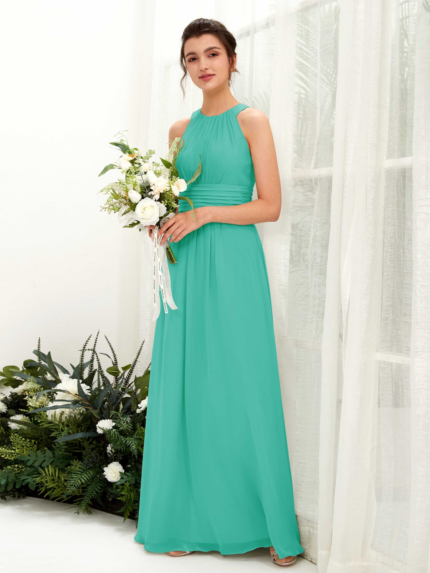 Carlyna A-Linien-Kleid Rundhals Bodenlang gerafft Brautjungfernkleider Tiffany-Blau #farbe_tiffany-blau