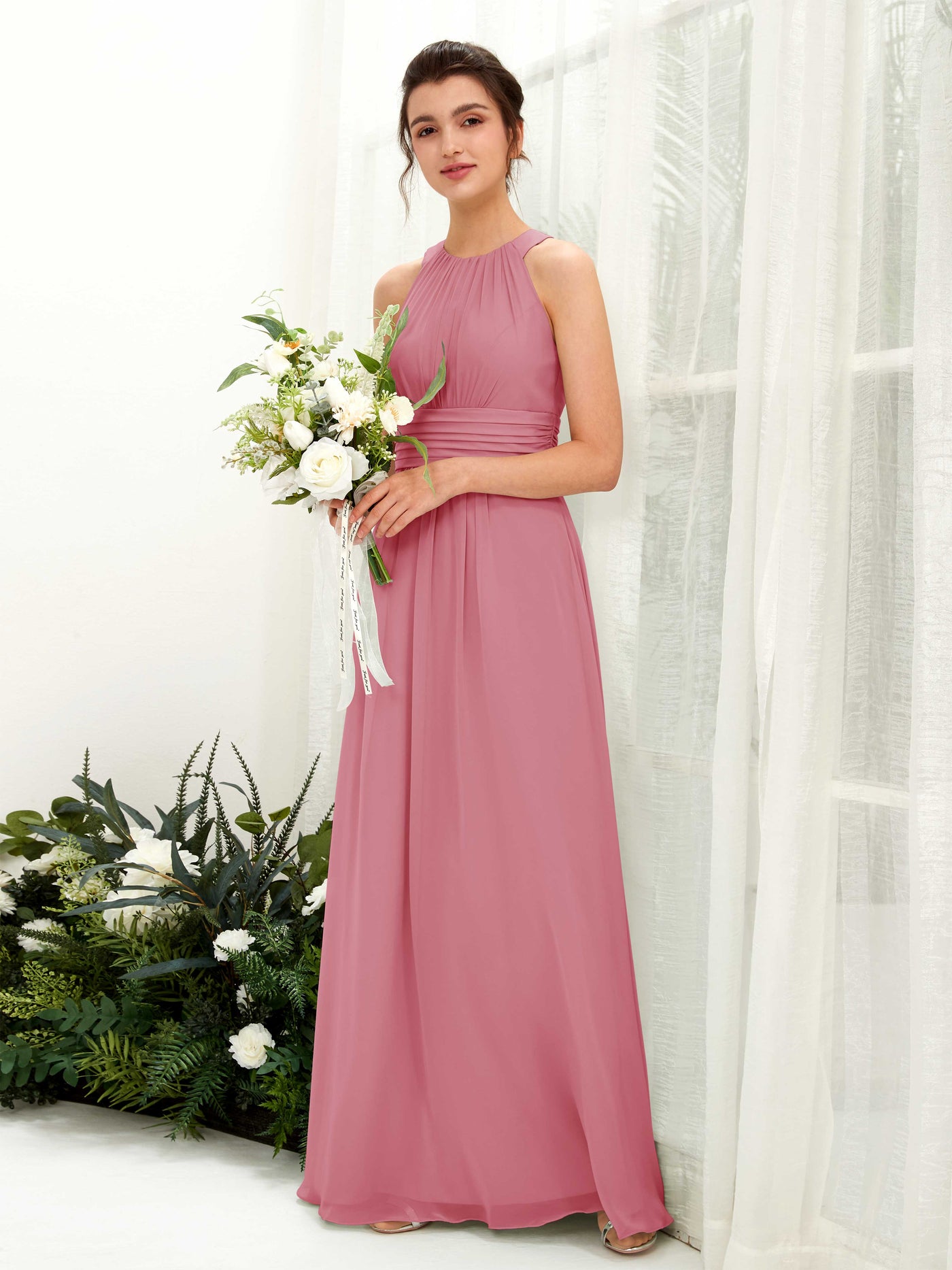 Carlyna A-Linien-Kleid Rundhals Bodenlang gerafft Brautjungfernkleider Wüstenrose #farbe_w-stenrose