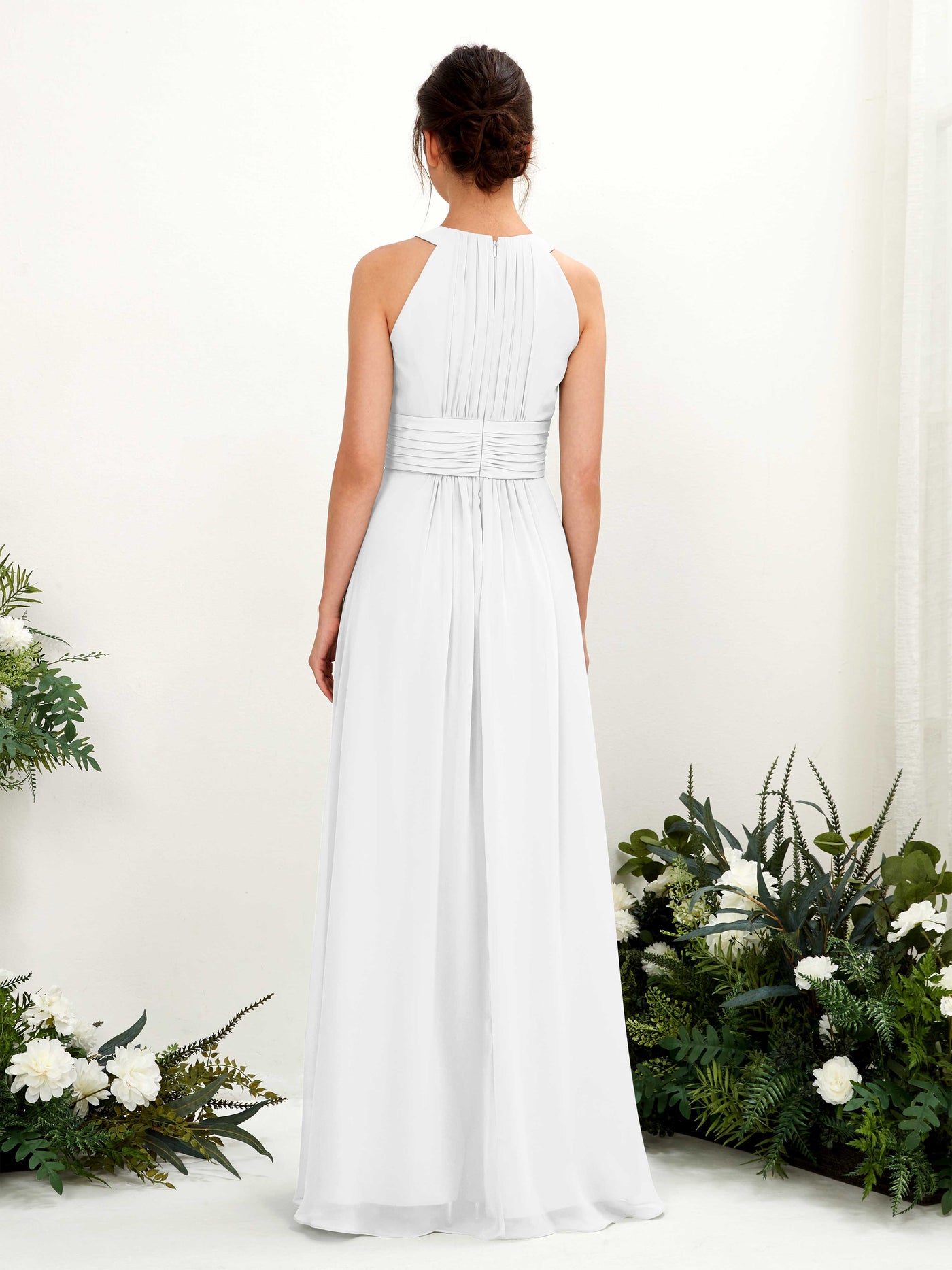 Carlyna A-Linien-Kleid Rundhals Bodenlang gerafft Brautjungfernkleider Weiß #farbe_wei