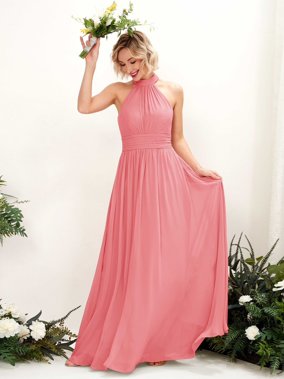 Carlyna A-Linien-Kleid Rundhals Bodentiefe Brautjungfernkleider Korallenrosa 