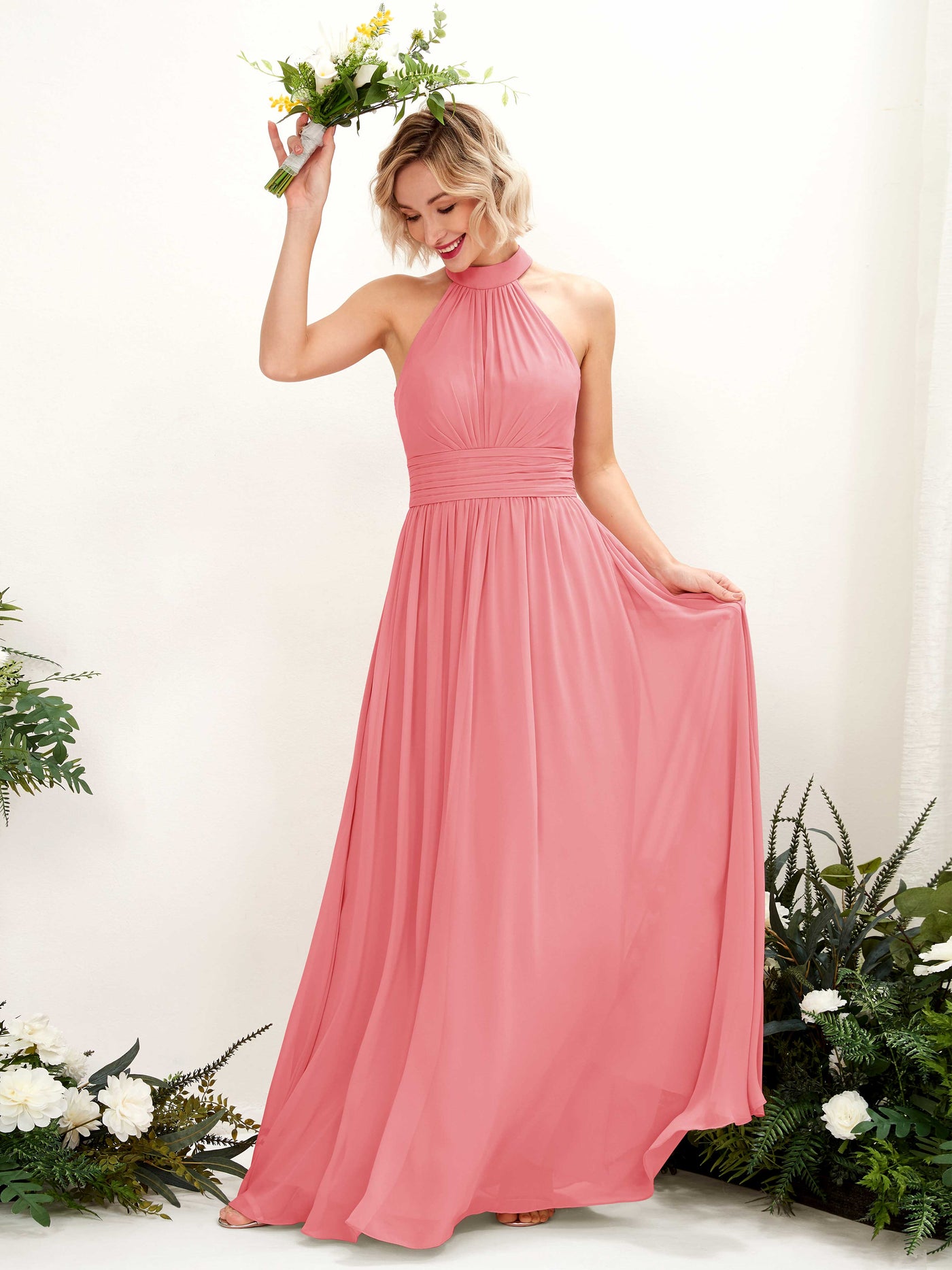 Carlyna A-Linien-Kleid Rundhals Bodentiefe Brautjungfernkleider Korallenrosa #farbe_korallenrosa