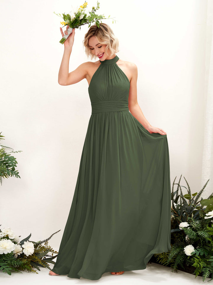 Carlyna A-Linien-Kleid Rundhals Bodentiefe Brautjungfernkleider Martini-Olive 