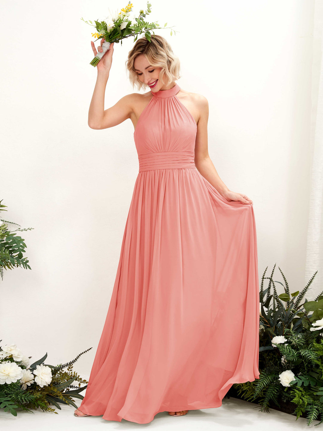 Carlyna A-Linien-Kleid Rundhals Bodentiefe Brautjungfernkleider Pfirsichrosa 