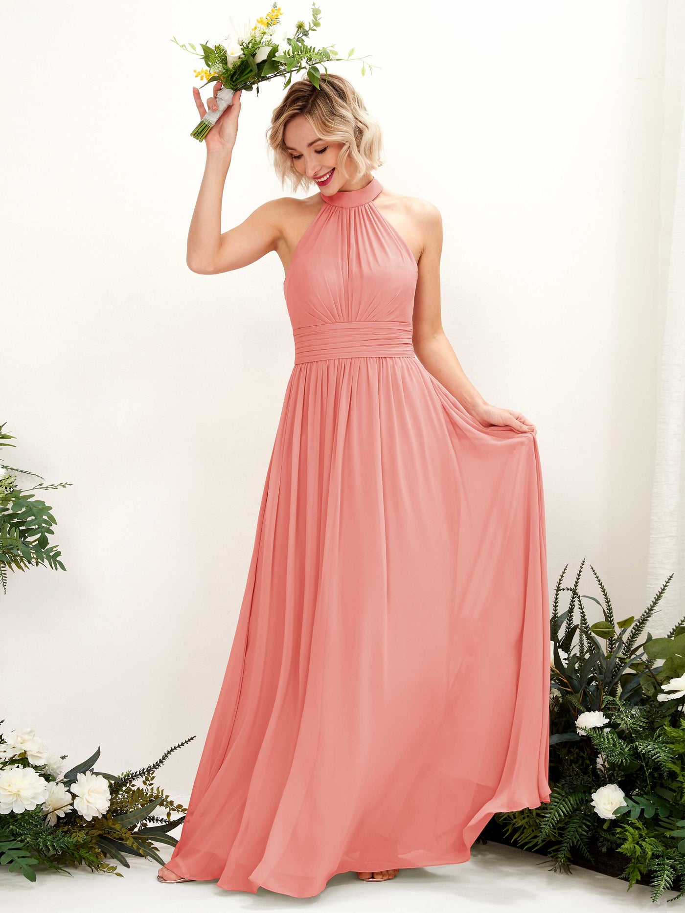 Carlyna A-Linien-Kleid Rundhals Bodentiefe Brautjungfernkleider Pfirsichrosa #farbe_pfirsichrosa