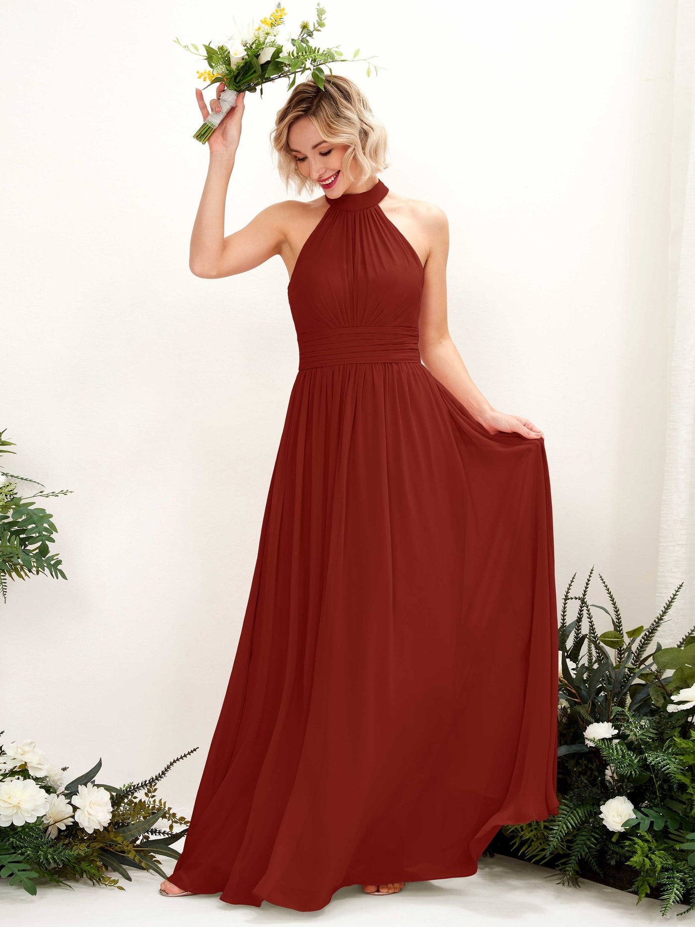 Carlyna A-Linien-Kleid Rundhals Bodentiefe Brautjungfernkleider Rostrot #farbe_rostrot