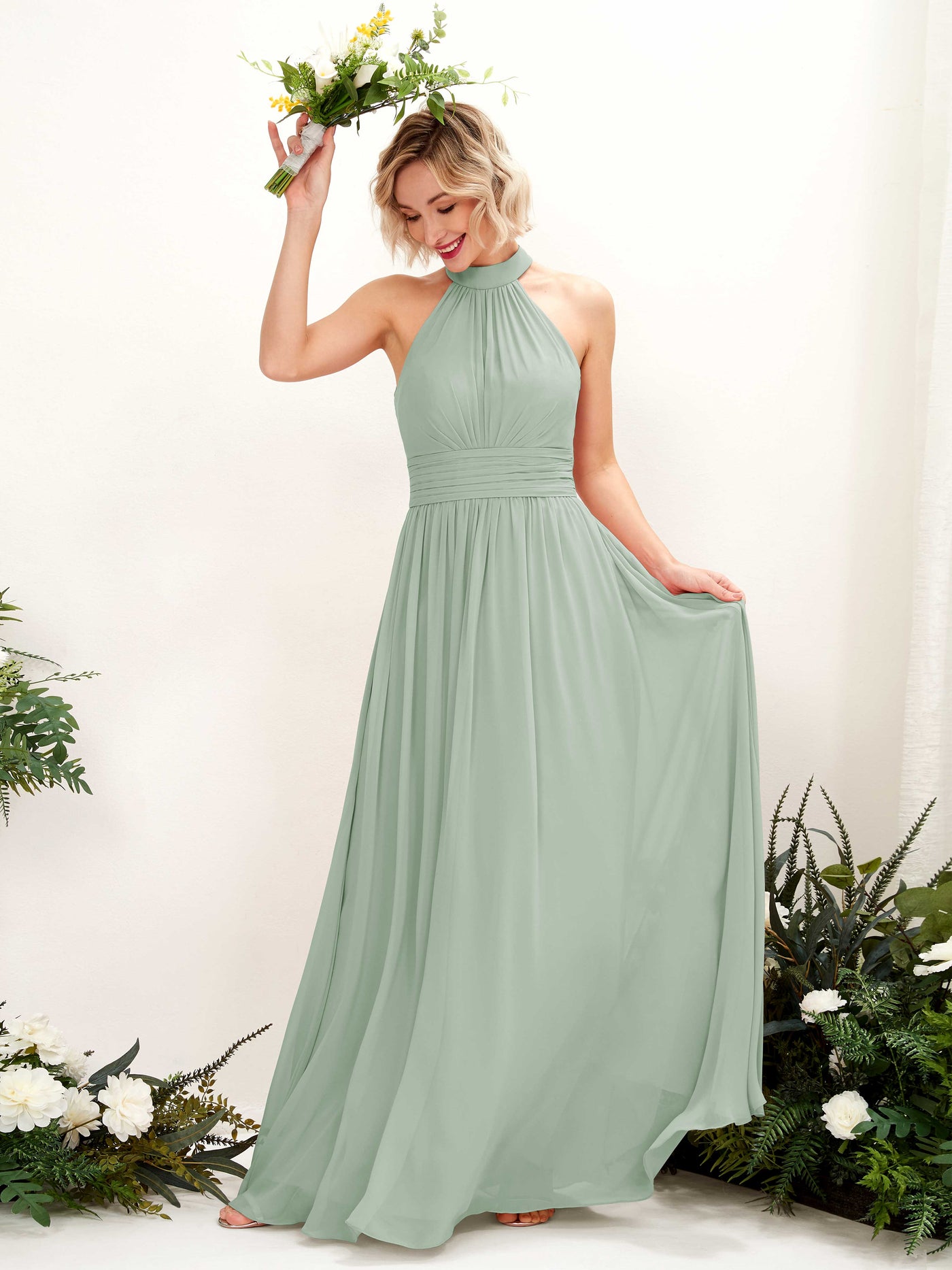 Carlyna A-Linien-Kleid Rundhals Bodentiefe Brautjungfernkleider Salbeigrün #farbe_salbeigr-n