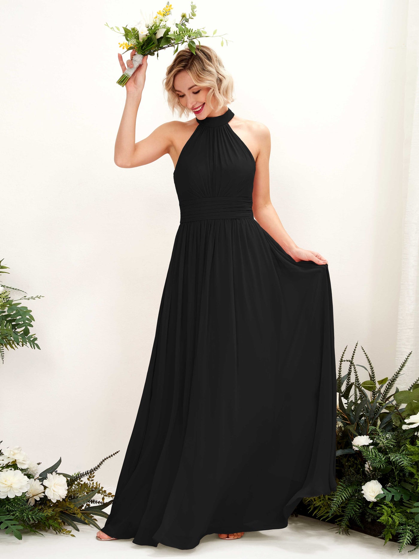 Carlyna A-Linien-Kleid Rundhals Bodentiefe Brautjungfernkleider Schwarz #farbe_schwarz