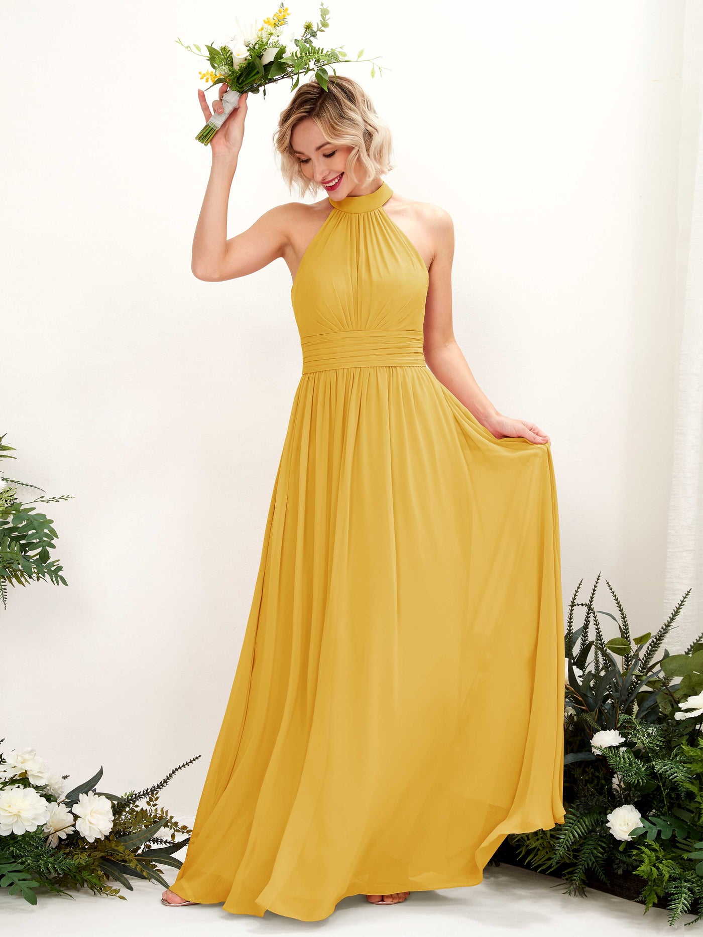 Carlyna A-Linien-Kleid Rundhals Bodentiefe Brautjungfernkleider Senfgelb #farbe_senfgelb