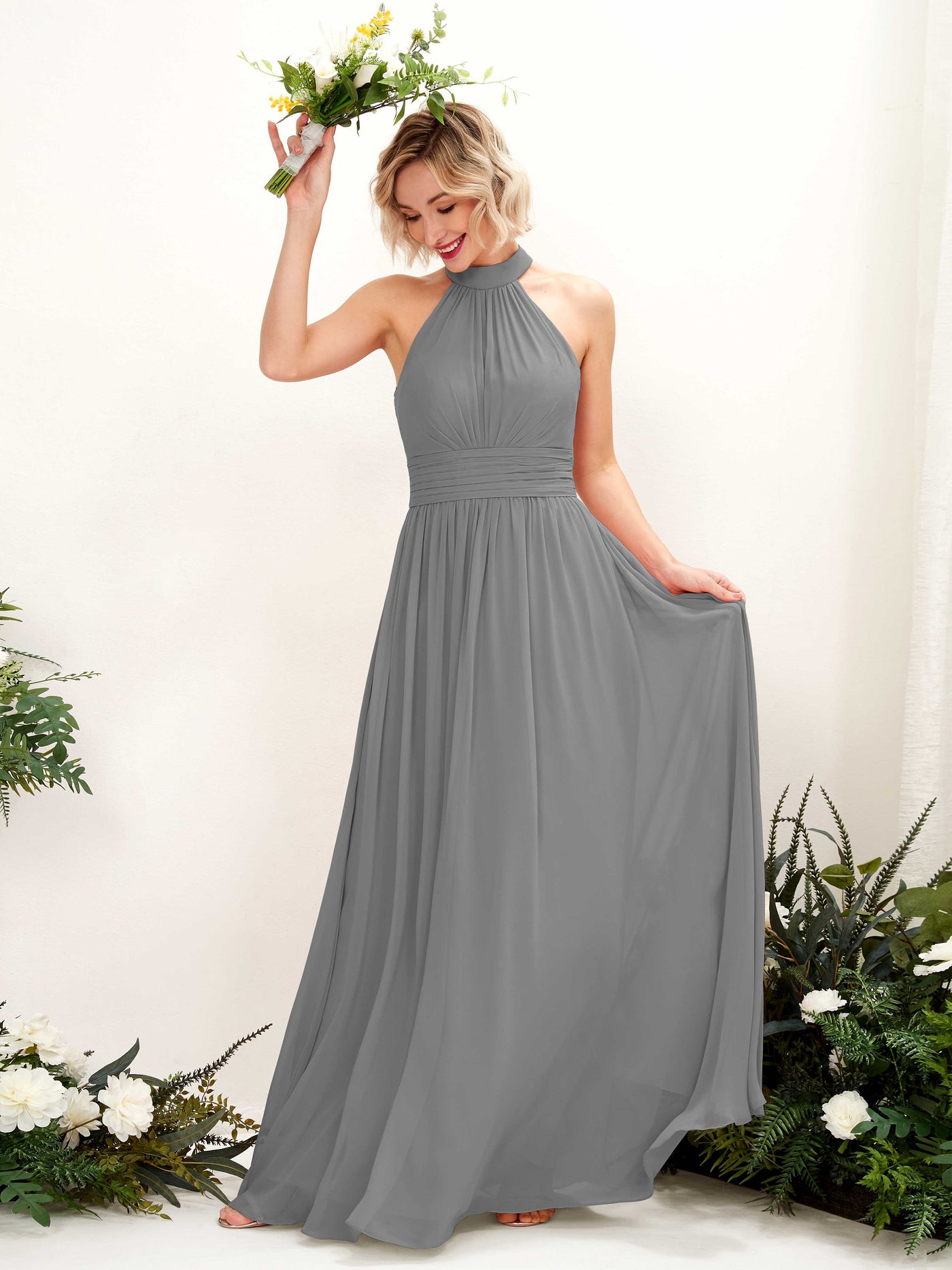 Carlyna A-Linien-Kleid Rundhals Bodentiefe Brautjungfernkleider Stahlgrau #farbe_stahlgrau