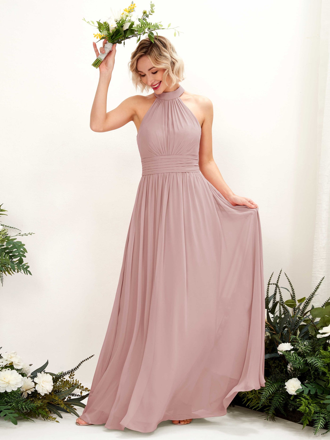 Carlyna A-Linien-Kleid Rundhals Bodentiefe Brautjungfernkleider Staubige Rose #farbe_staubige-rose