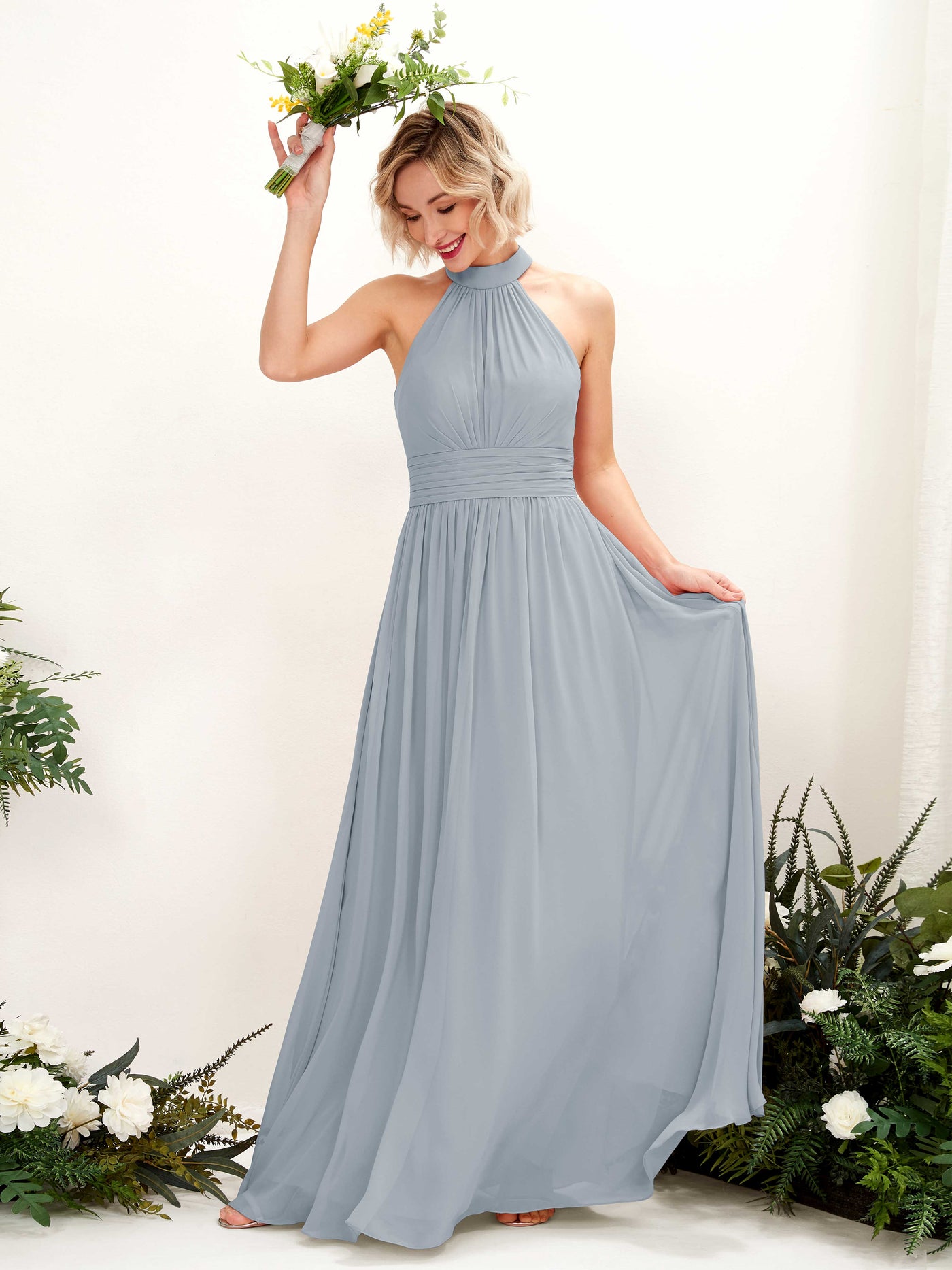 Carlyna A-Linien-Kleid Rundhals Bodentiefe Brautjungfernkleider Staubiges Blau-Upgrade #farbe_staubiges-blau-upgrade