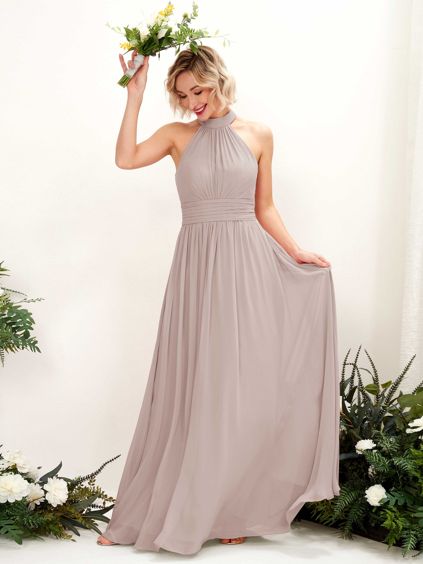 Carlyna A-Linien-Kleid Rundhals Bodentiefe Brautjungfernkleider Taupe #farbe_taupe