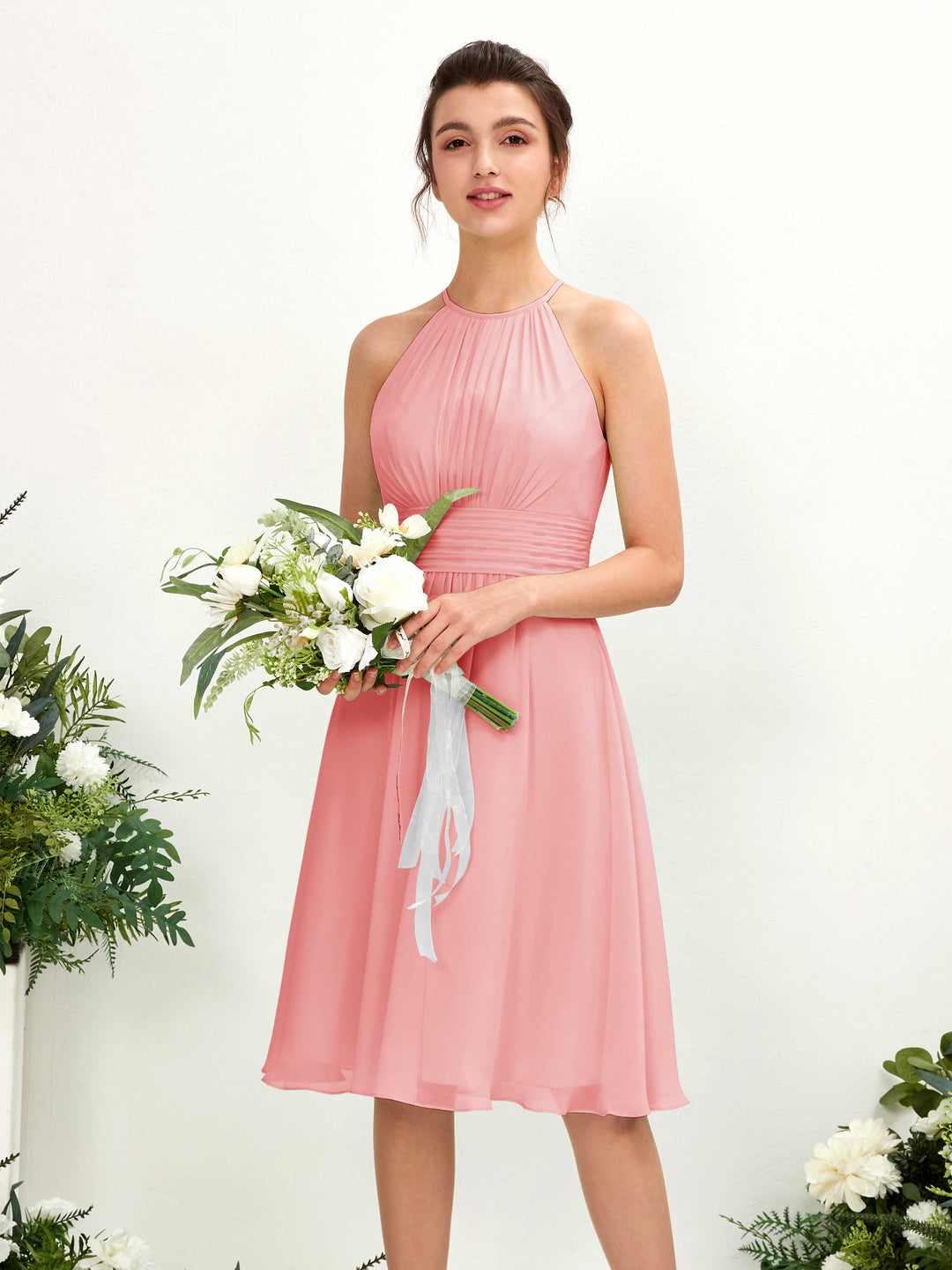 Carlyna A-Linien-Kleid Rundhals knielang Chiffon Brautjungfernkleid Ballettrosa 