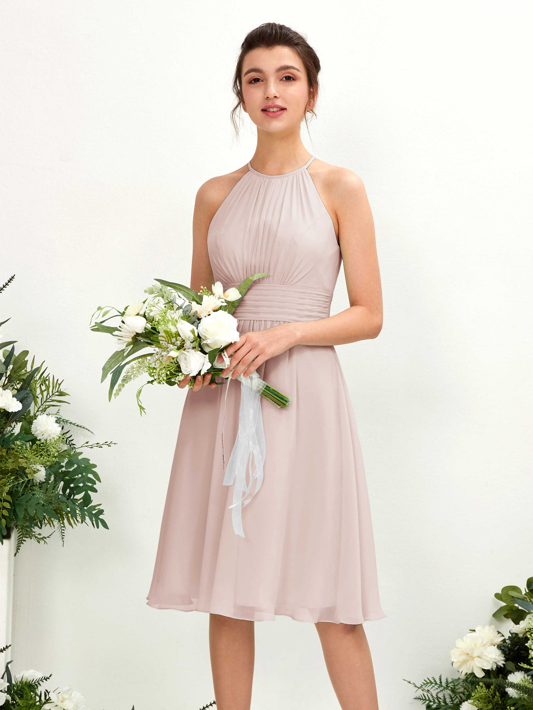 Carlyna A-Linien-Kleid Rundhals knielang Chiffon Brautjungfernkleid Biscotti 