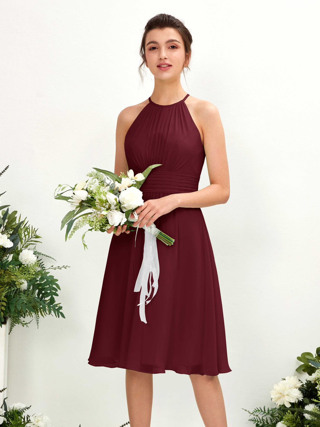 Carlyna A-Linien-Kleid Rundhals knielang Chiffon Brautjungfernkleid Burgunderrot 