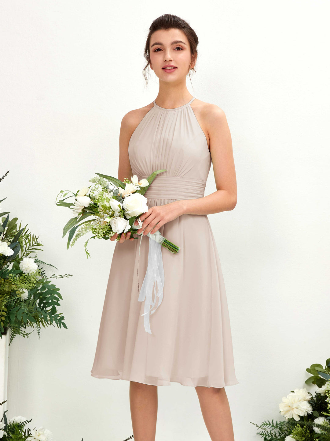 Carlyna A-Linien-Kleid Rundhals knielang Chiffon Brautjungfernkleid Champagner 