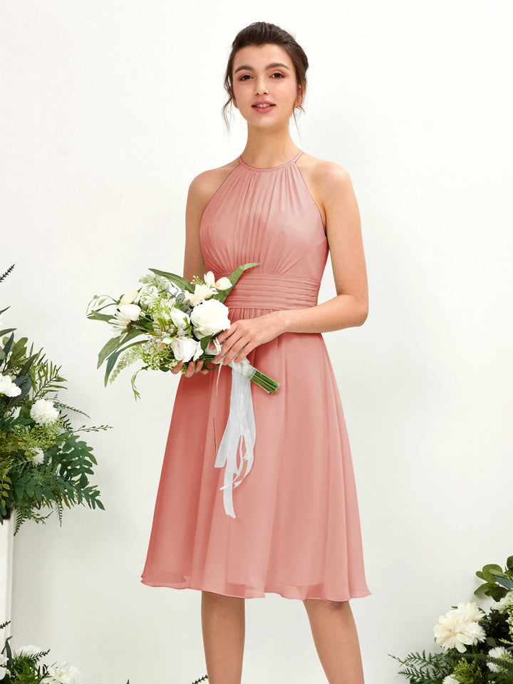 Carlyna A-Linien-Kleid Rundhals knielang Chiffon Brautjungfernkleid Champagner-Rose 