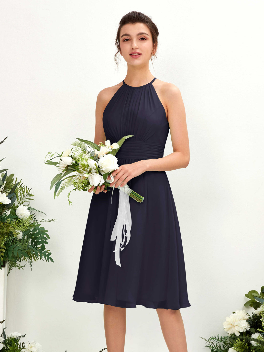 Carlyna A-Linien-Kleid Rundhals knielang Chiffon Brautjungfernkleid Dunkel Marineblau 