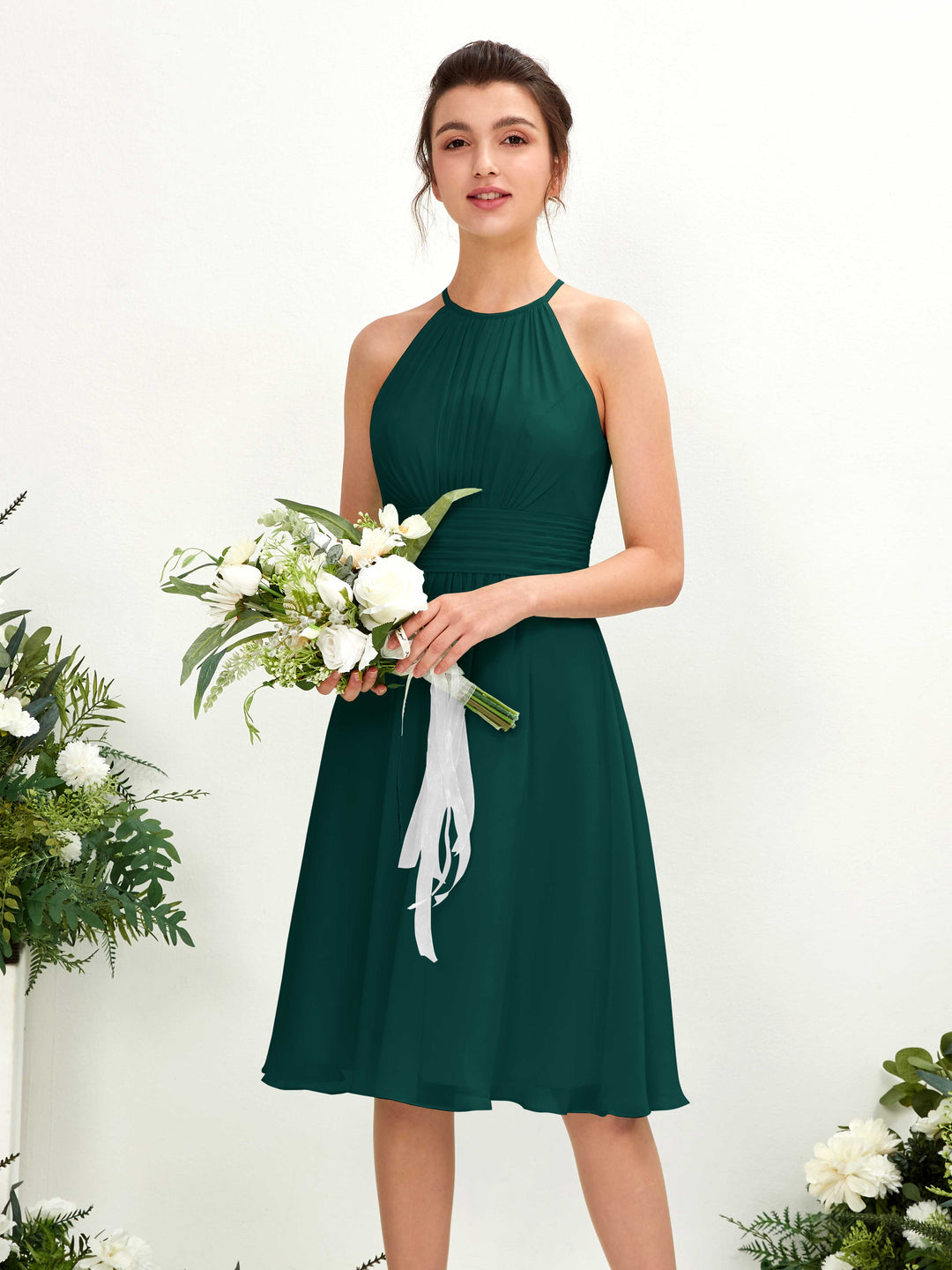 Carlyna A-Linien-Kleid Rundhals knielang Chiffon Brautjungfernkleid Dunkelsmaragd 