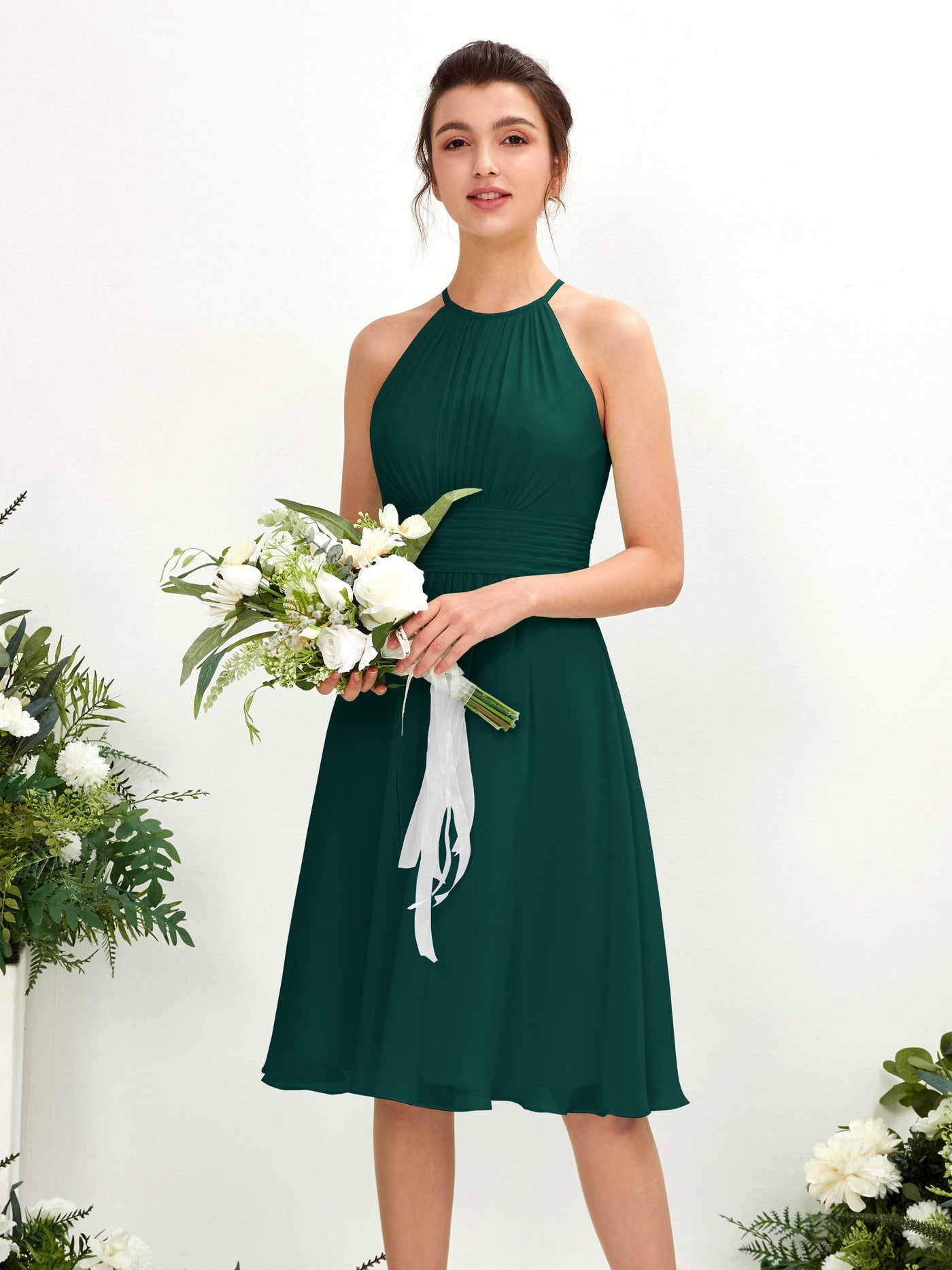 Carlyna A-Linien-Kleid Rundhals knielang Chiffon Brautjungfernkleid Dunkelsmaragd #farbe_dunkelsmaragd