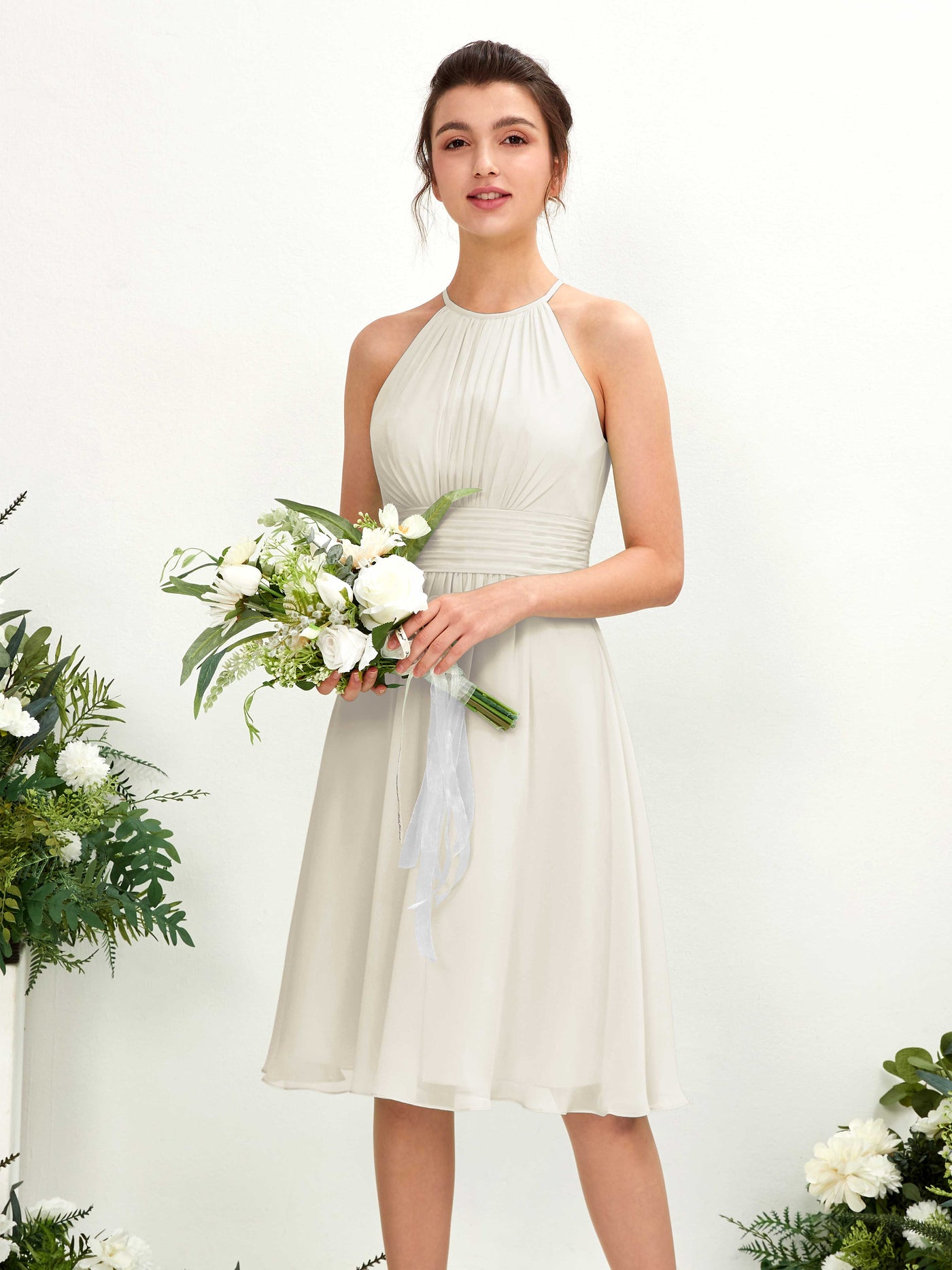 Carlyna A-Linien-Kleid Rundhals knielang Chiffon Brautjungfernkleid Elfenbein #farbe_elfenbein