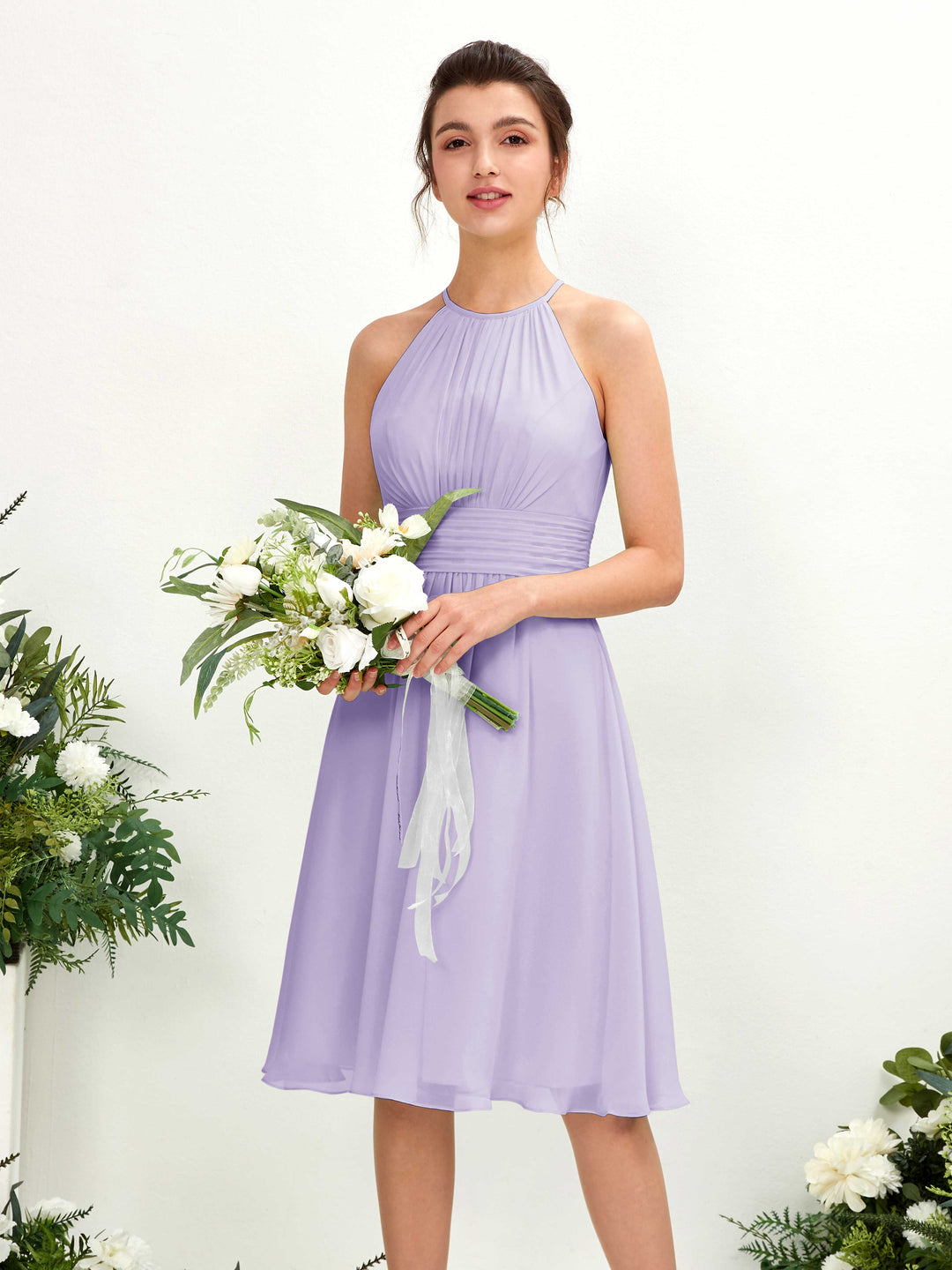 Carlyna A-Linien-Kleid Rundhals knielang Chiffon Brautjungfernkleid Flieder 