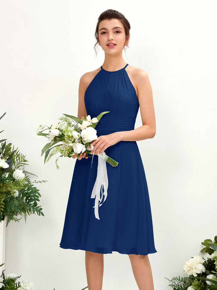 Carlyna A-Linien-Kleid Rundhals knielang Chiffon Brautjungfernkleid Königsblau 