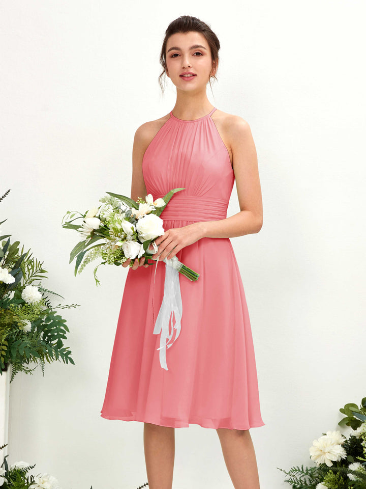 Carlyna A-Linien-Kleid Rundhals knielang Chiffon Brautjungfernkleid Korallenrosa 