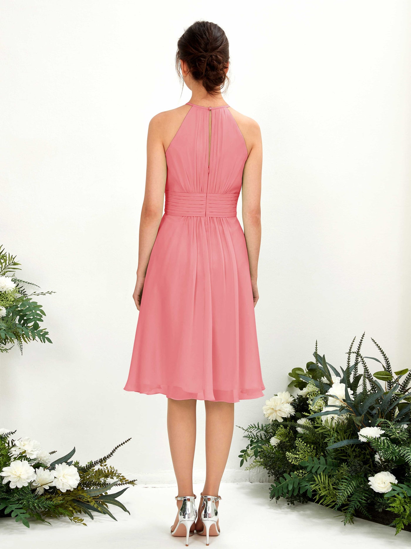 Carlyna A-Linien-Kleid Rundhals knielang Chiffon Brautjungfernkleid Korallenrosa #farbe_korallenrosa