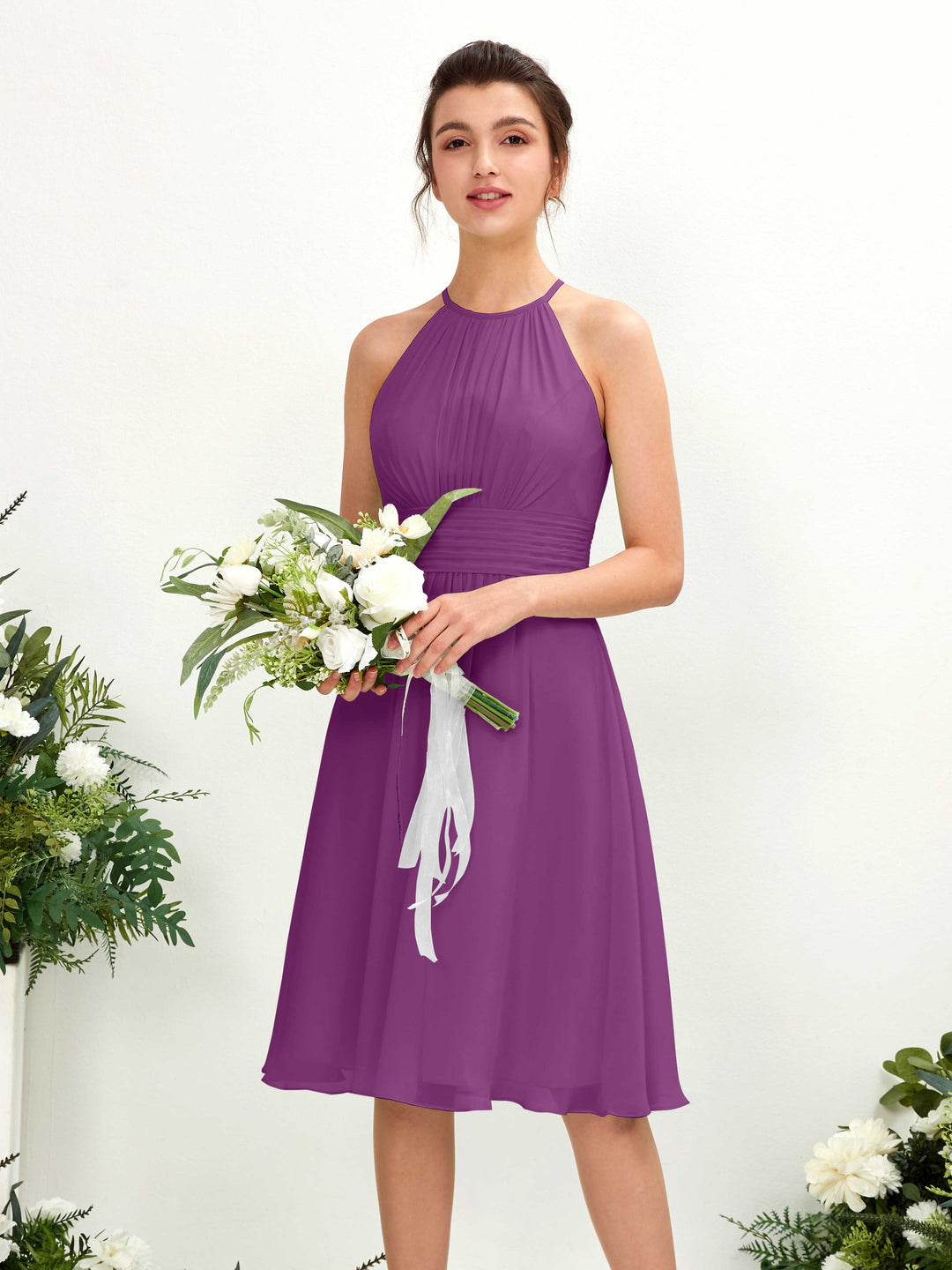 Carlyna A-Linien-Kleid Rundhals knielang Chiffon Brautjungfernkleid Lila 