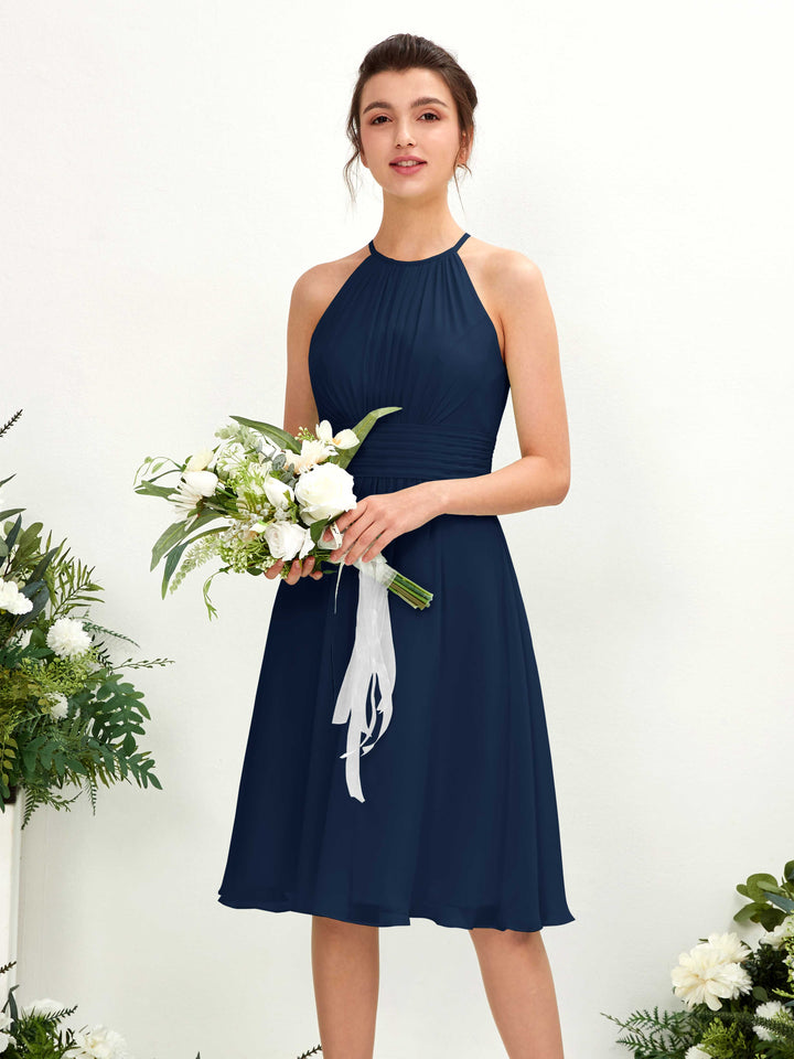 Carlyna A-Linien-Kleid Rundhals knielang Chiffon Brautjungfernkleid Marineblau 