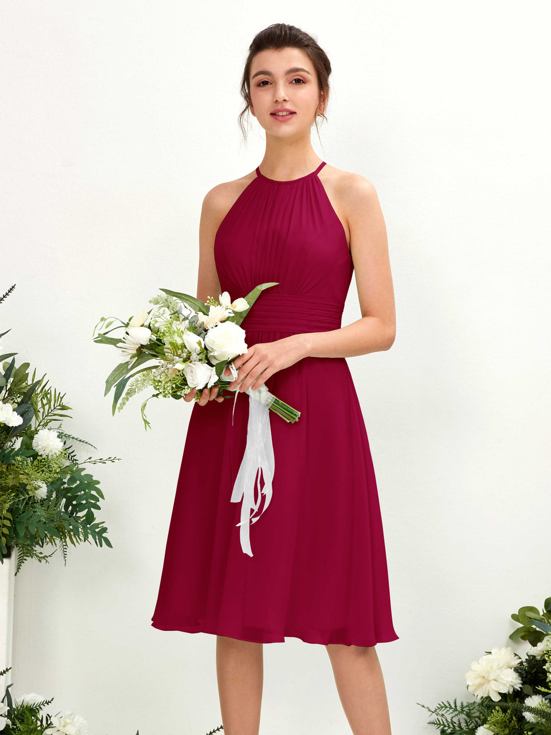 Carlyna A-Linien-Kleid Rundhals knielang Chiffon Brautjungfernkleid Narrenrot 
