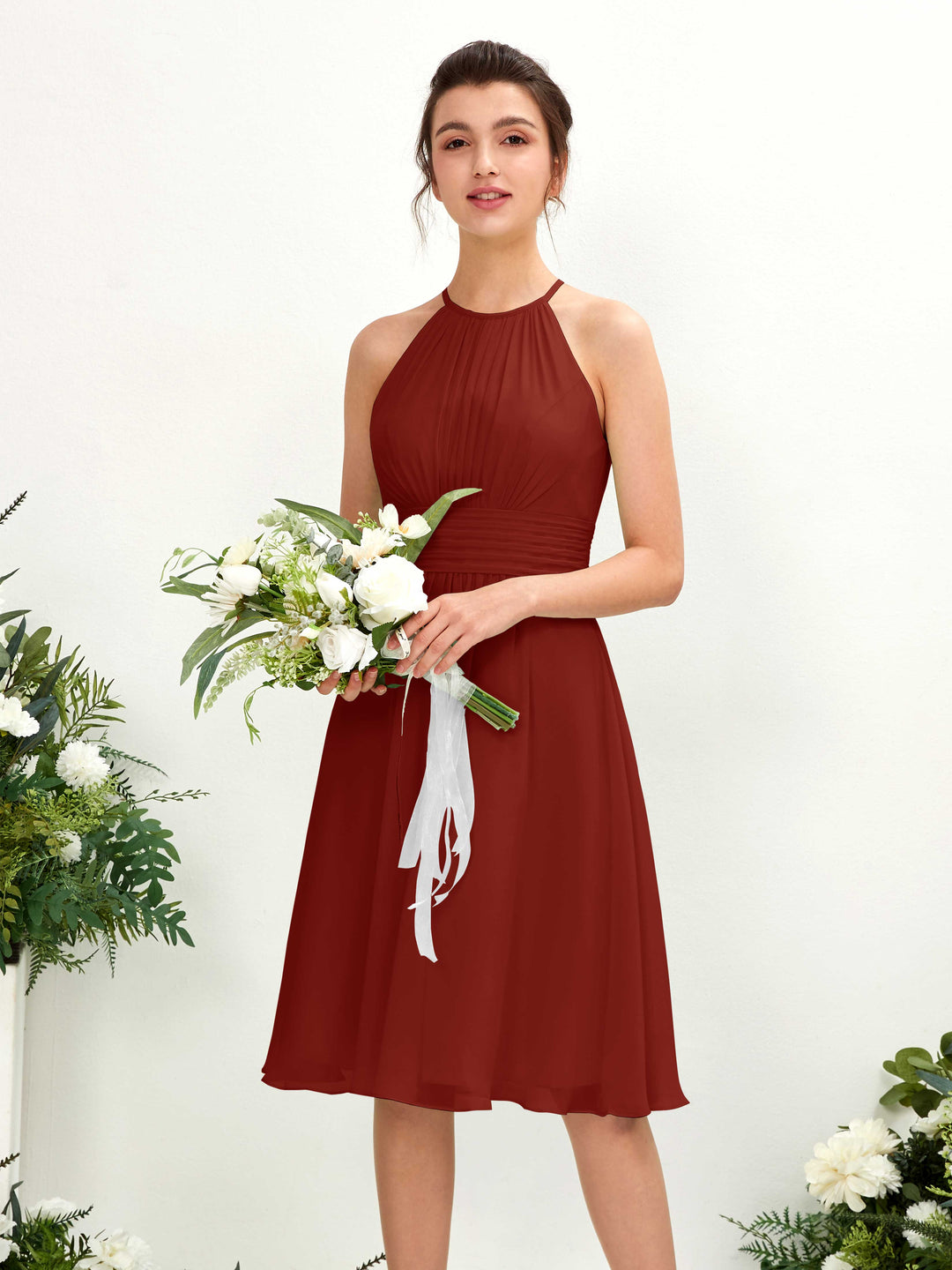 Carlyna A-Linien-Kleid Rundhals knielang Chiffon Brautjungfernkleid Rostrot 