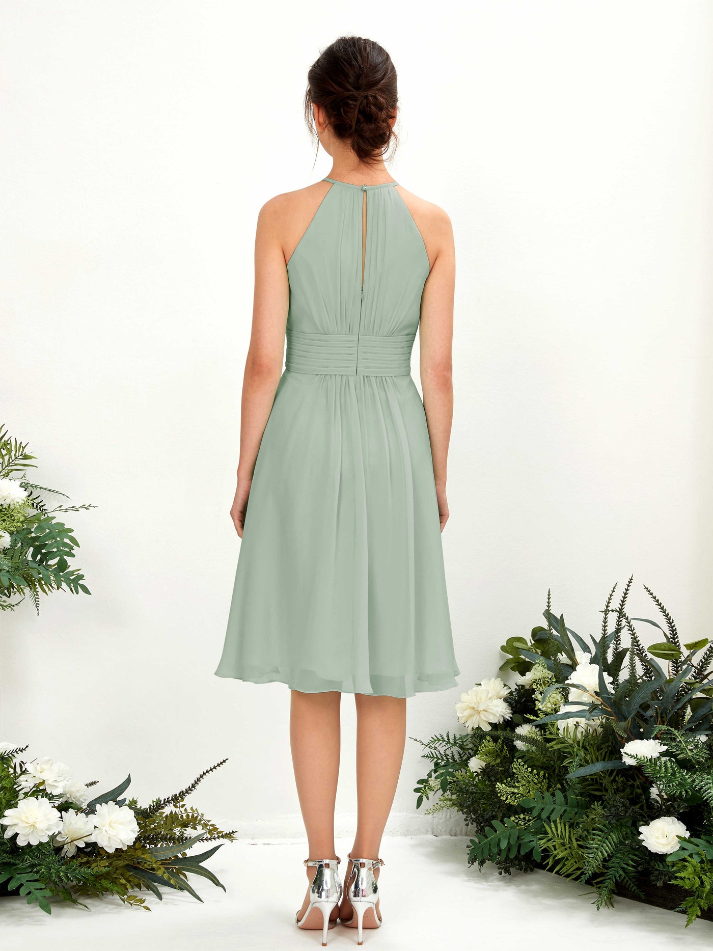 Carlyna A-Linien-Kleid Rundhals knielang Chiffon Brautjungfernkleid Salbeigrün #farbe_salbeigr-n