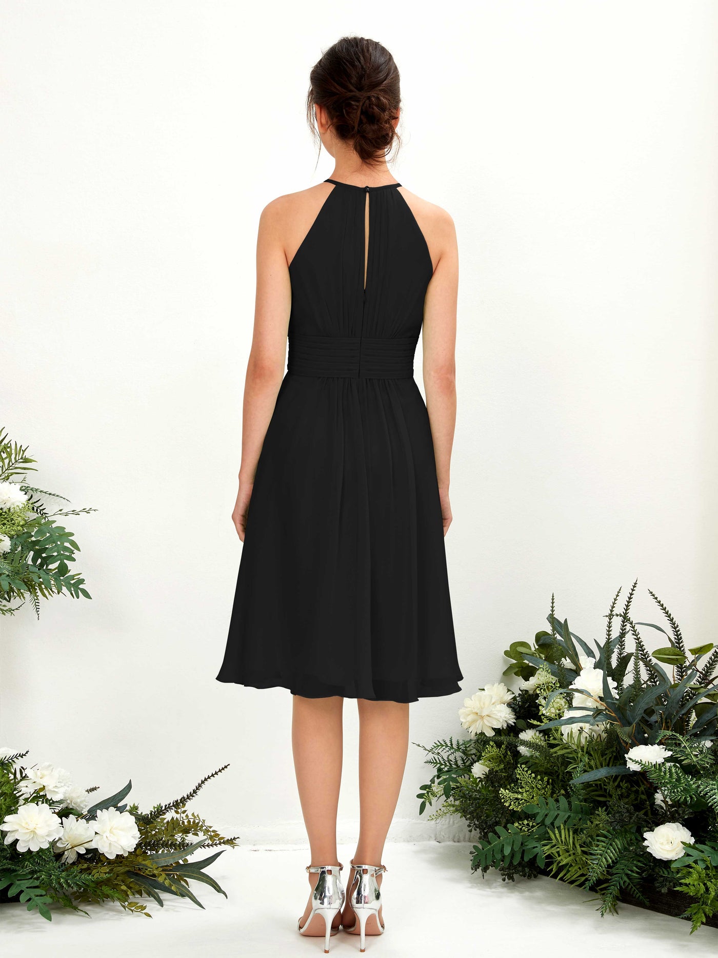 Carlyna A-Linien-Kleid Rundhals knielang Chiffon Brautjungfernkleid Schwarz #farbe_schwarz
