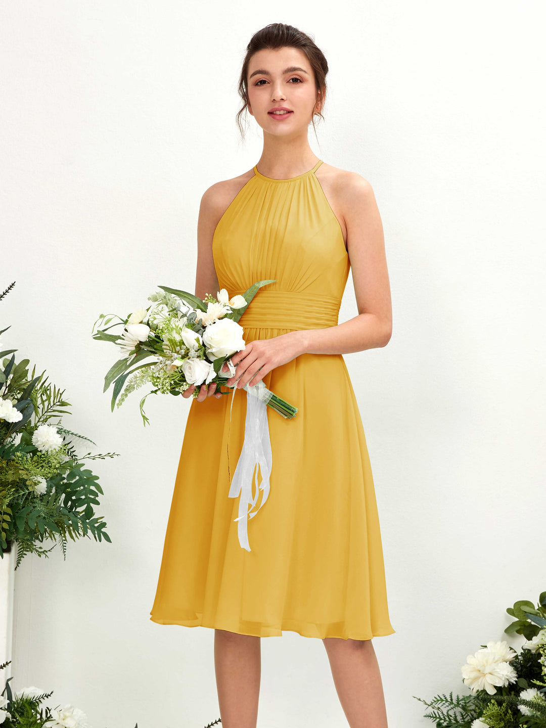 Carlyna A-Linien-Kleid Rundhals knielang Chiffon Brautjungfernkleid Senfgelb 