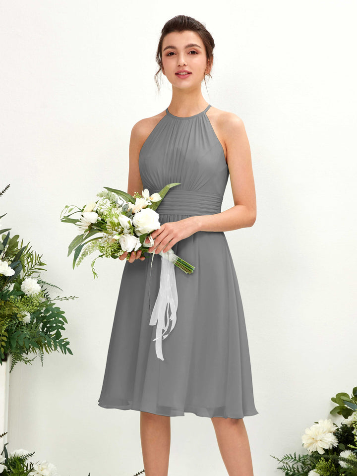 Carlyna A-Linien-Kleid Rundhals knielang Chiffon Brautjungfernkleid Stahlgrau 