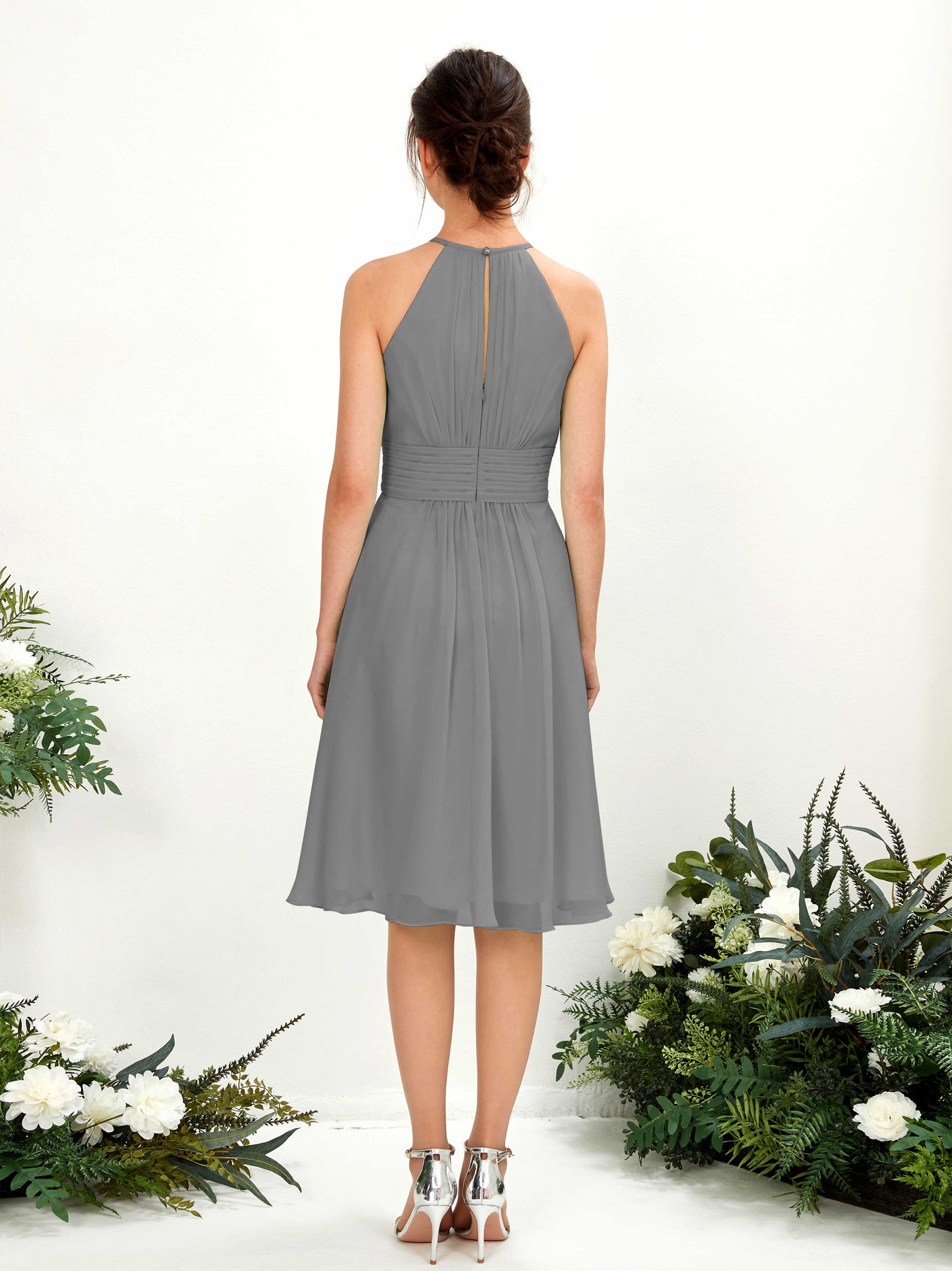 Carlyna A-Linien-Kleid Rundhals knielang Chiffon Brautjungfernkleid Stahlgrau #farbe_stahlgrau